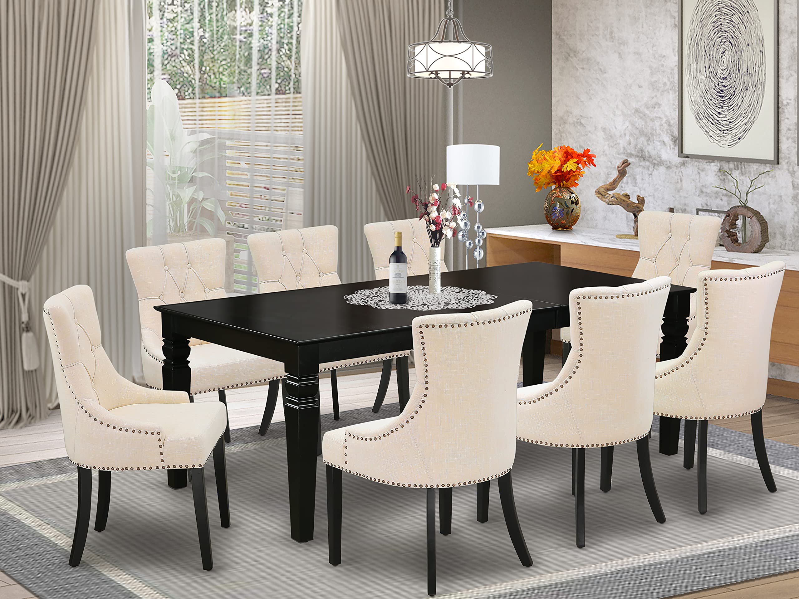 East West Furniture Lgfr9-Blk-02 Logan 9 Piece Room Set Includes A Rectangle Butterfly Leaf Kitchen Table And 8 Light Beige Linen Fabric Parsons Dining Chairs, 42X84 Inch, Black