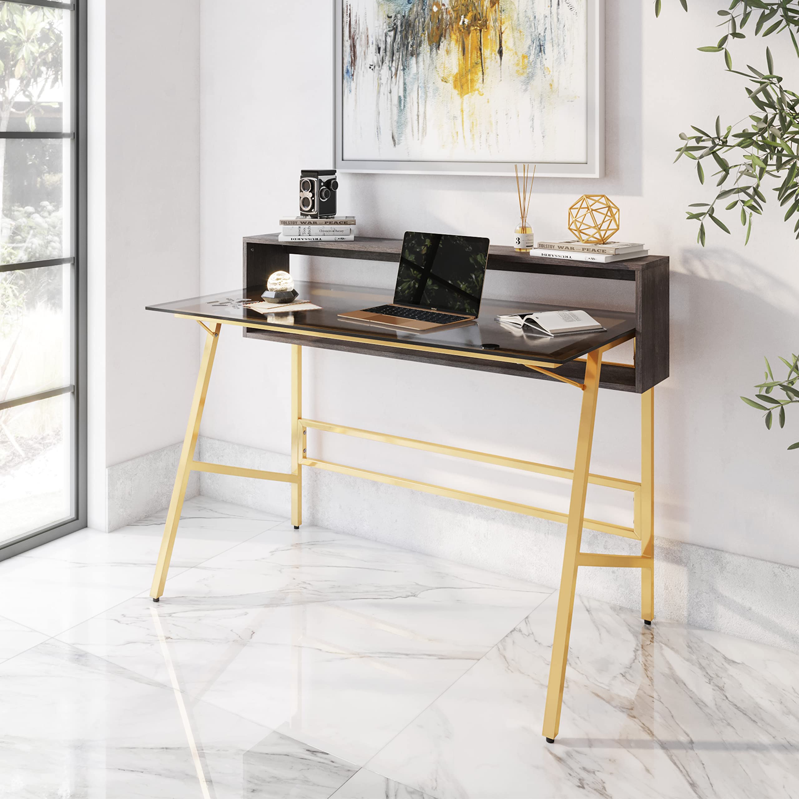 Techni Mobili Home Office Writing Desk with Riser, Gold