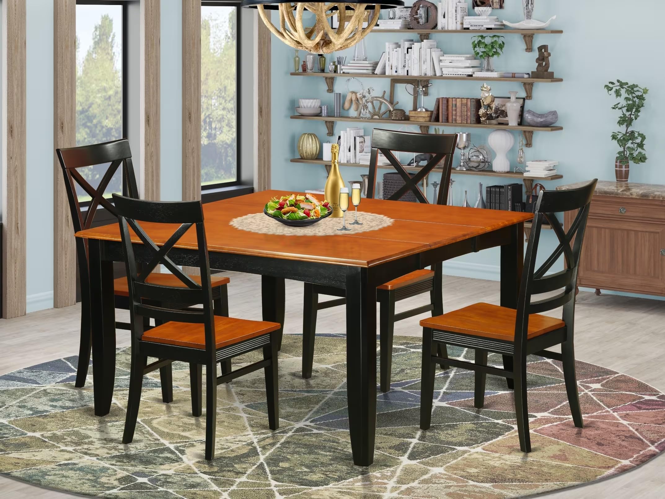 East West Furniture PFQU5-BCH-W 5 Piece Dinette Set for 4 Includes a Square Dining Room Table with Butterfly Leaf and 4 Kitchen Dining Chairs, 54x54 Inch, Black & Cherry