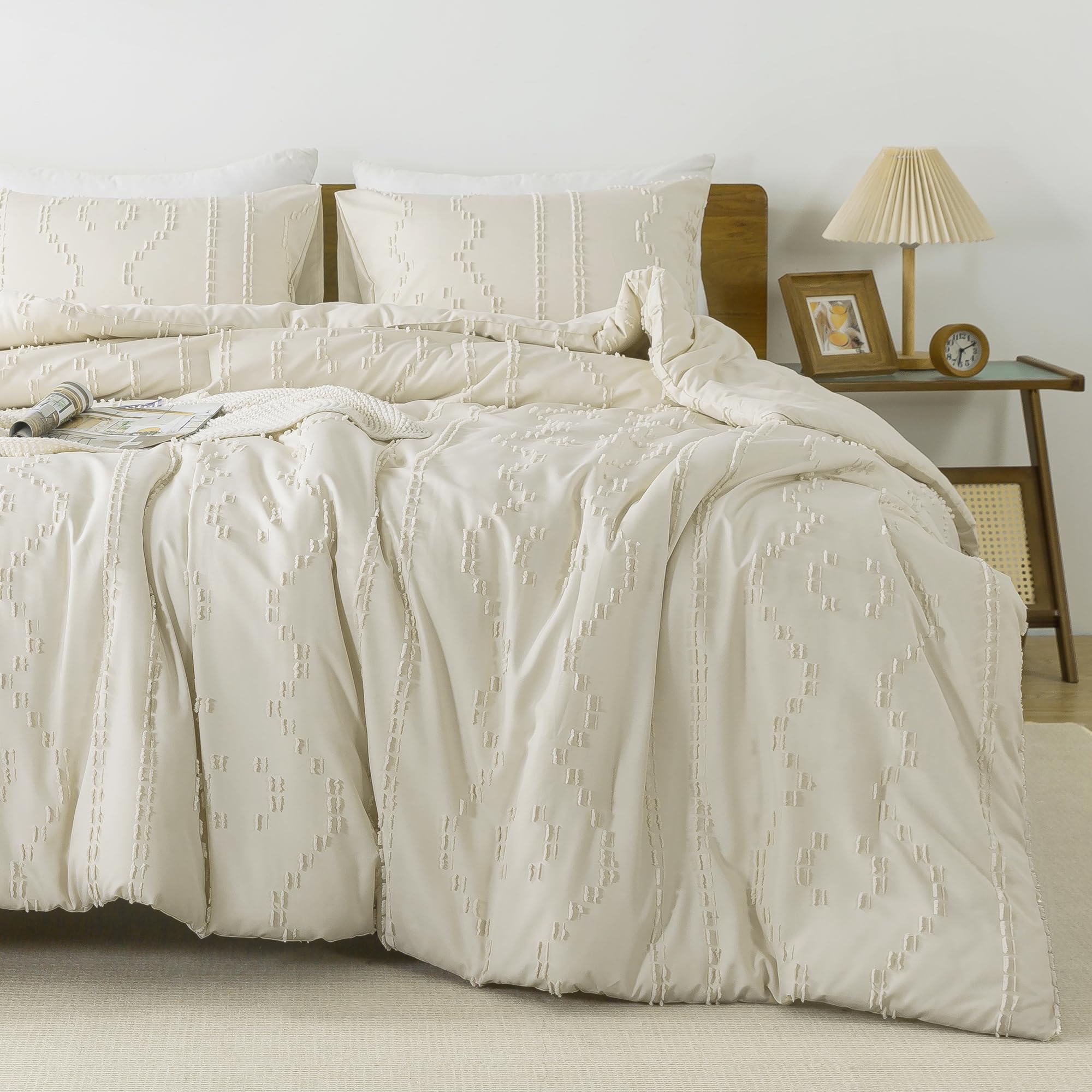 Andency Beige Tufted Comforter Set Full(79X90Inch), 3 Pieces(1 Boho Comforter, 2 Pillowcases) Textured Farmhouse Comforter, Soft Microfiber Down Alternative Geometric Comforter Bedding Set