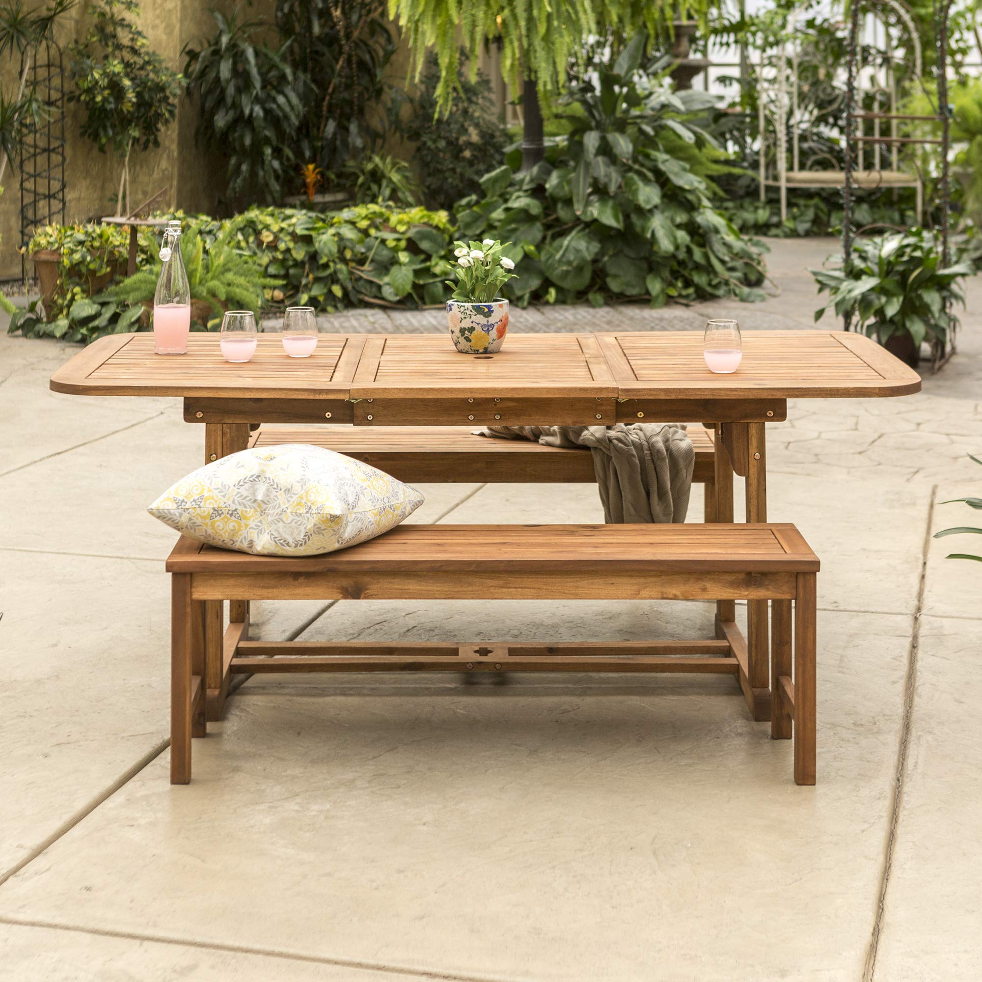 Walker Edison Maui Modern 3 Piece Solid Acacia Wood Slatted Patio Dining Table And Bench Set, Set Of 3, Brown