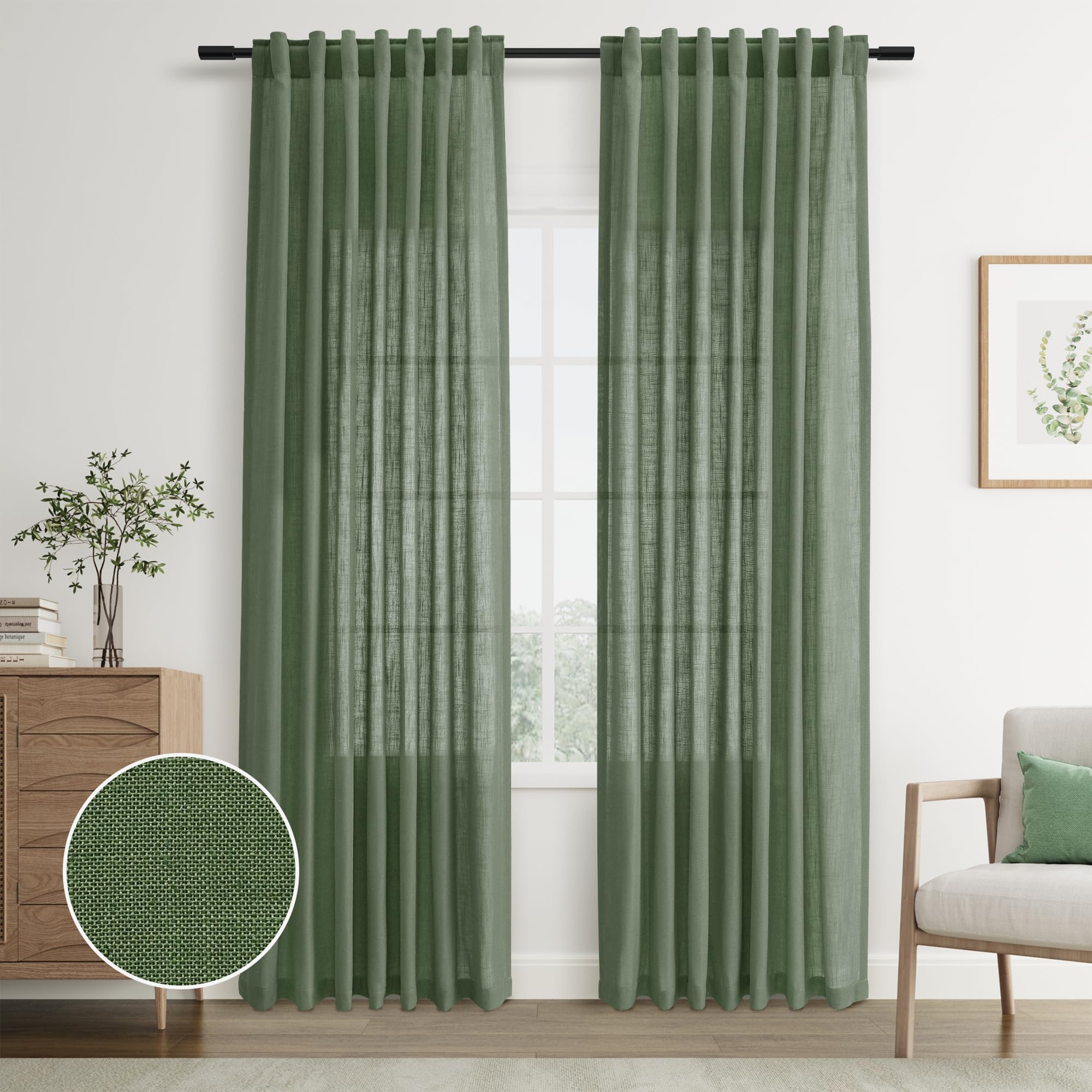 Joywell Olive Green Back Tab Linen Curtains 96 Inches Long 2 Panels For Living Room Bedroom Neutral Boho Farmhouse Rustic Light Filtering Semi Sheer Curtains Window Treatment 52X96