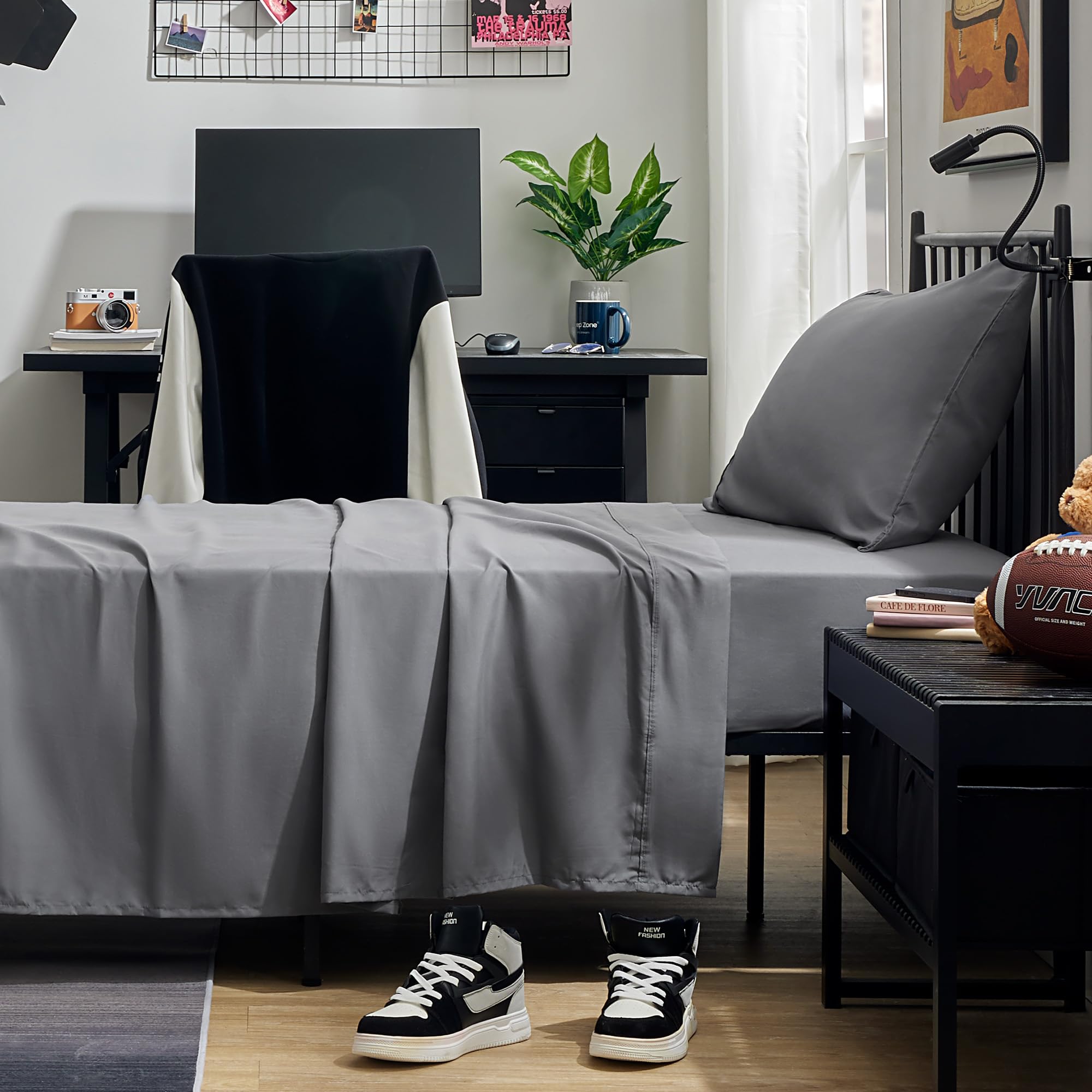 Sleep Zone Nanotex Super Soft Cooling Twin Bed Sheets Set For Kids 3 Piece - Easy Care Fitted Flat Sheet & Pillowcase Sets - Wrinkle Free, Fade Resistant, Deep Pocket 16' (Gray, Twin)