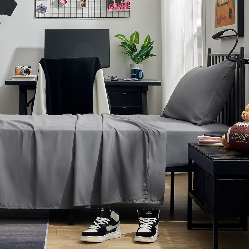 Sleep Zone Nanotex Super Soft Cooling Twin Bed Sheets Set For Kids 3 Piece - Easy Care Fitted Flat Sheet & Pillowcase Sets - Wrinkle Free, Fade Resistant, Deep Pocket 16' (Gray, Twin)