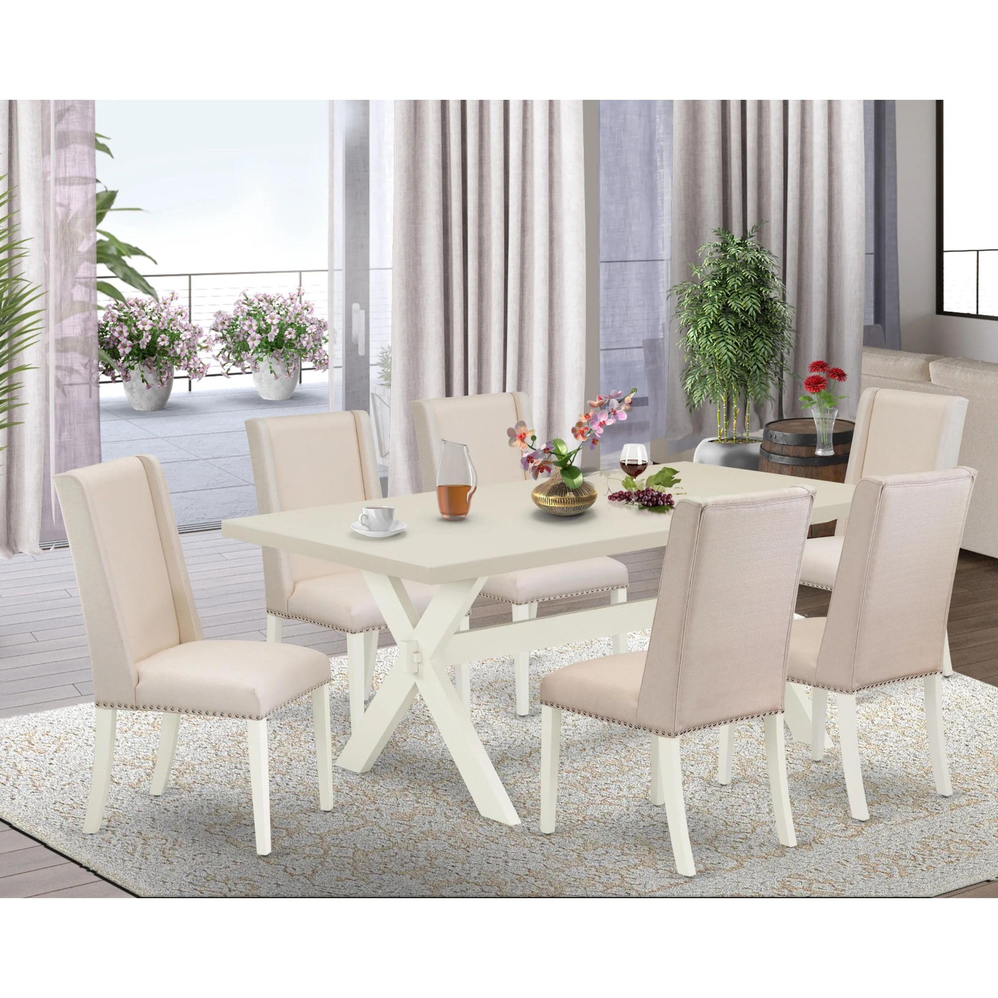 East West Furniture X027Fl201-7 7 Piece Modern Dining Table Set Consist Of A Rectangle Dining Room Table With X-Legs And 6 Cream Linen Fabric Upholstered Chairs, 40X72 Inch, Multi-Color