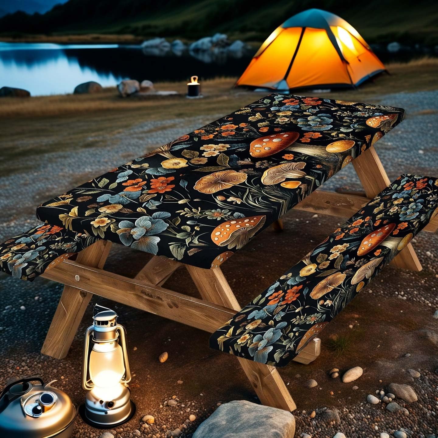 Picnic Table Cover with Bench Covers and Bag, Summer Outdoor Waterproof Windproof Tablecloth with Elastic Edges, Camping Accesso