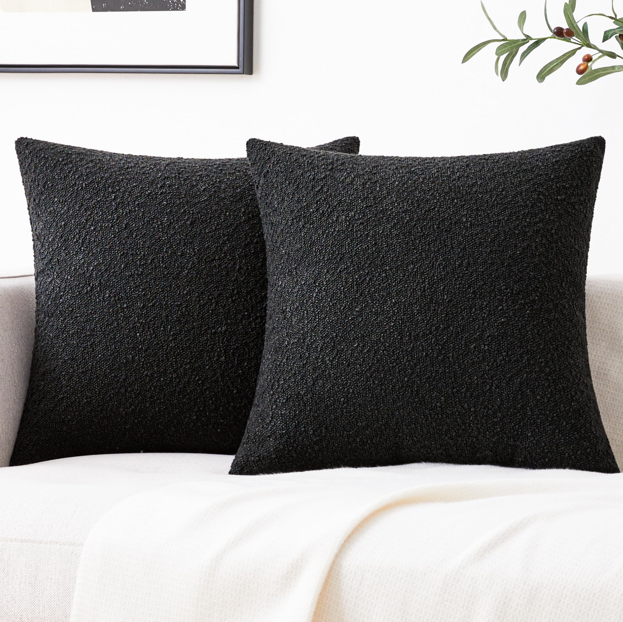 Mixhug Decorative Boucle Throw Pillow Covers, Black, 20 X 20 Inches, Pack Of 2 - Textured Boho Pillow Covers For Couch And Bed