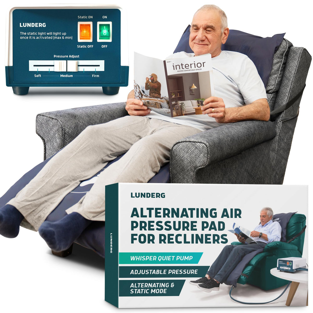 Lunderg Alternating Air Pressure Pad For Recliner Chair - Pressure Relief Cushion Topper For Recliner - Bed Sore Prevention - In