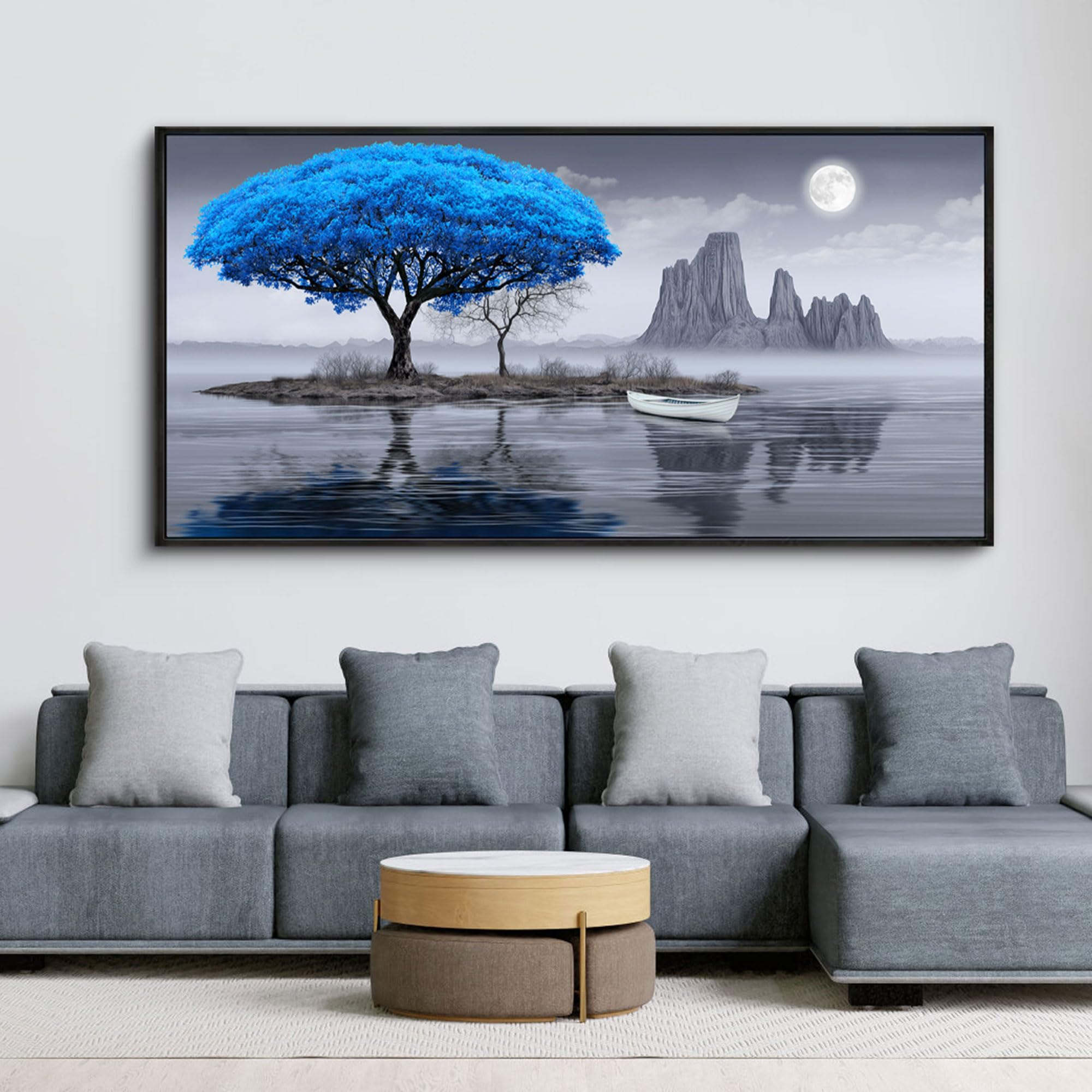 XLSJERST Wall Art for Living Room - Black and White Blue tree Moon Canvas Wall Decor for Home artwork Painting 58x29 Inches Canv