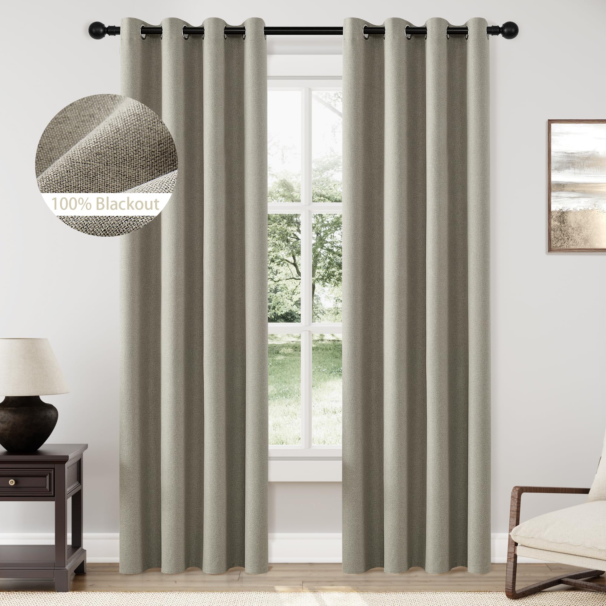 ChrisDowa Warm Taupe Linen Curtains 84 Inches Long for Living Room 100% Blackout Neutral Curtain Drapes Thermal Grommet Curtain 