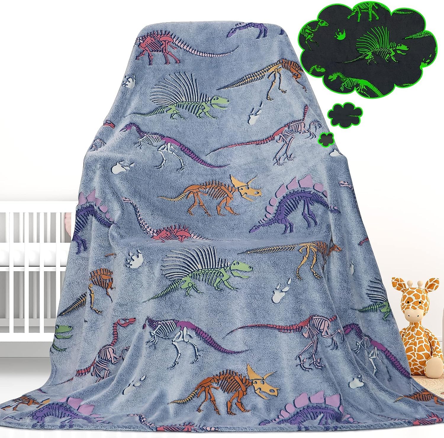 Gdindff Glow In The Dark Blanket Dinosaur Blanket For Boys Girls Kids Cute Dino Throw Blankets For Couch, Kids Fleece Blankets,