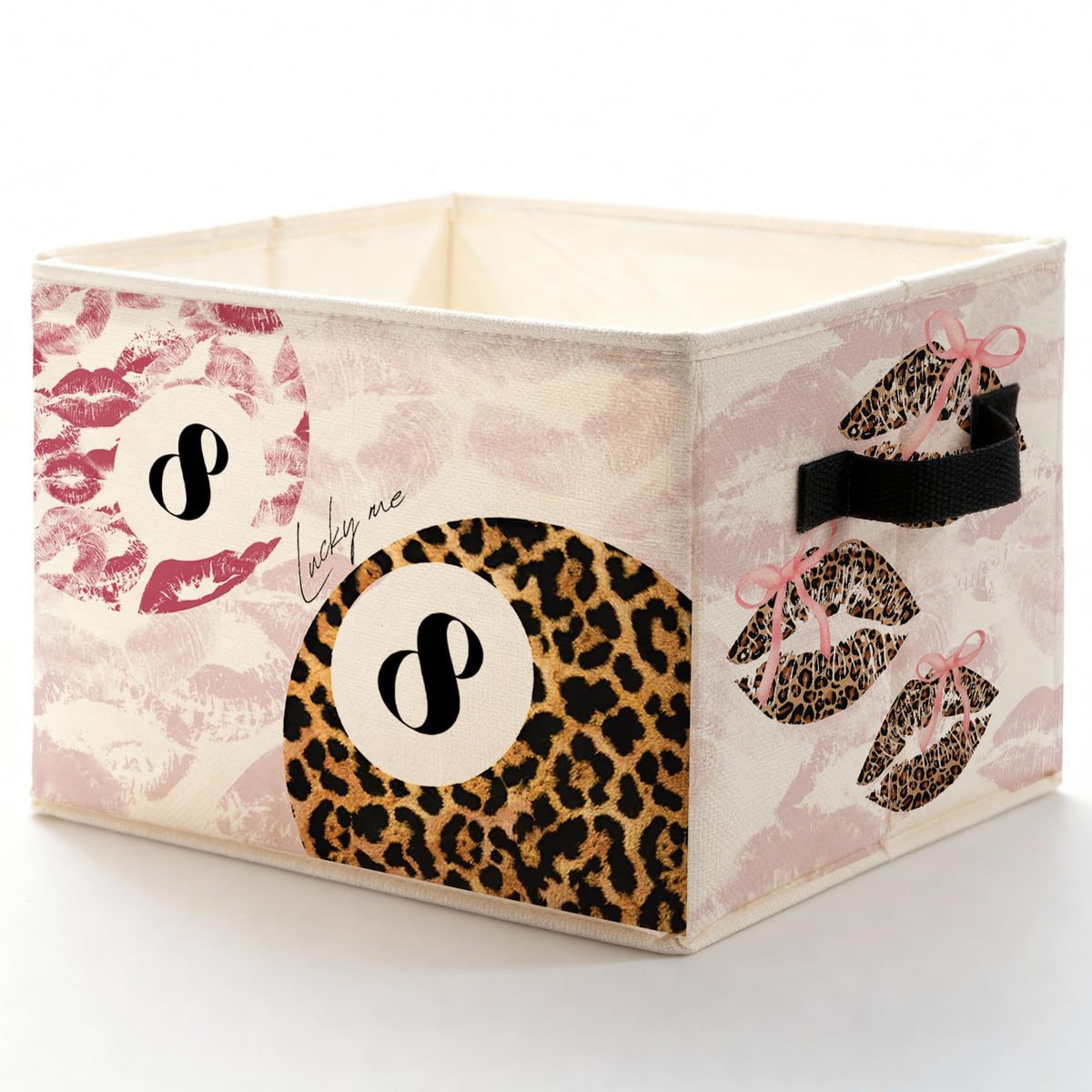 ADWHNHJY Coquette Leopard Lips Lucky 8 Ball Storage Bins with Handles, Preppy Y2K Cheetah Print Collapsible Storage Box Basket B