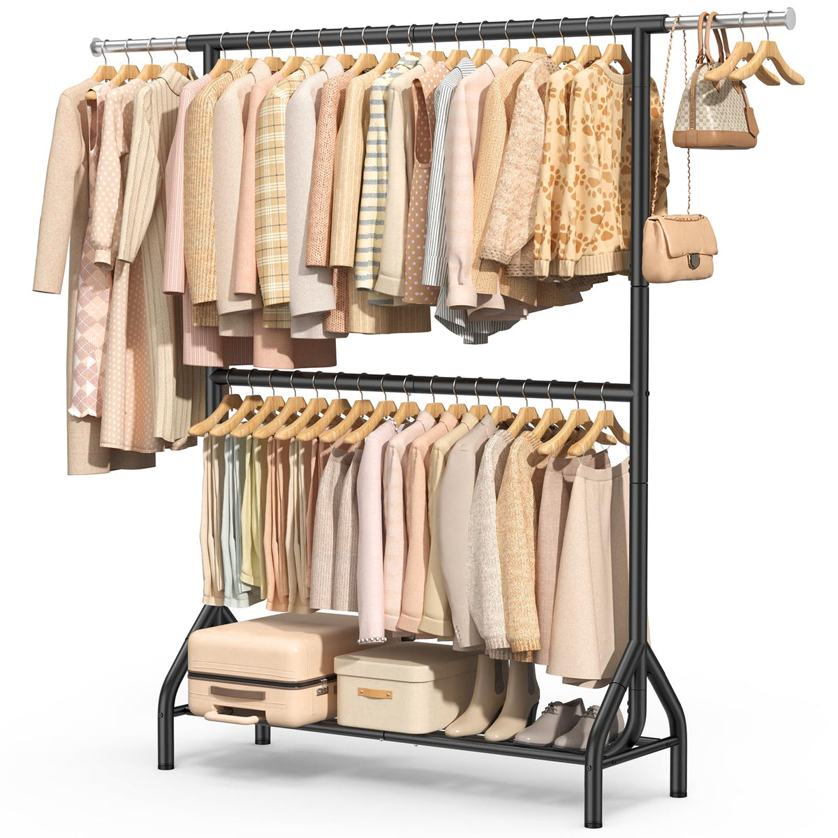 EAGMAK Double Rod Clothing Rack Load 622 LBS, Heavy Duty Clothes Rack for Hanging Clothes, 82.68 inch High Garment Rack with Sot
