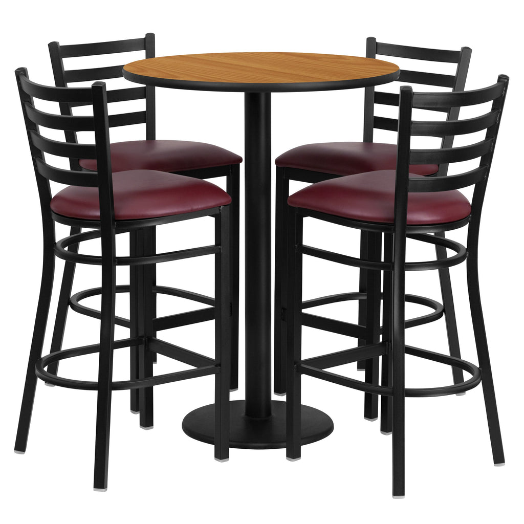 Flash Furniture Jamie 30'' Round Natural Laminate Table Set with Round Base and 4 Ladder Back Metal Barstools - Burgundy Vinyl Seat