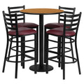 Flash Furniture Jamie 30'' Round Natural Laminate Table Set with Round Base and 4 Ladder Back Metal Barstools - Burgundy Vinyl Seat