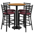 Flash Furniture Jamie 30'' Round Natural Laminate Table Set with Round Base and 4 Ladder Back Metal Barstools - Burgundy Vinyl Seat