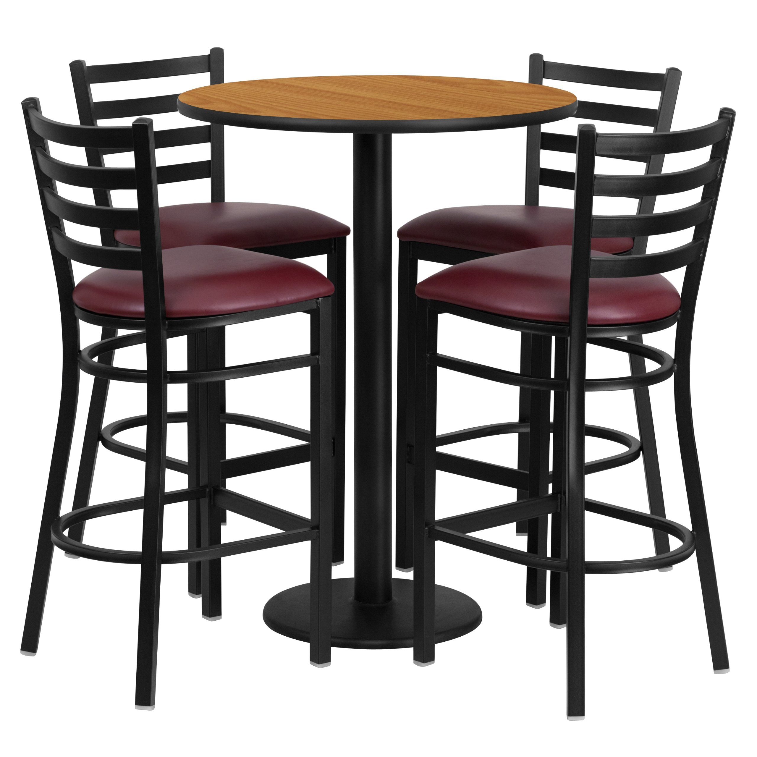 Flash Furniture Jamie 30'' Round Natural Laminate Table Set with Round Base and 4 Ladder Back Metal Barstools - Burgundy Vinyl Seat