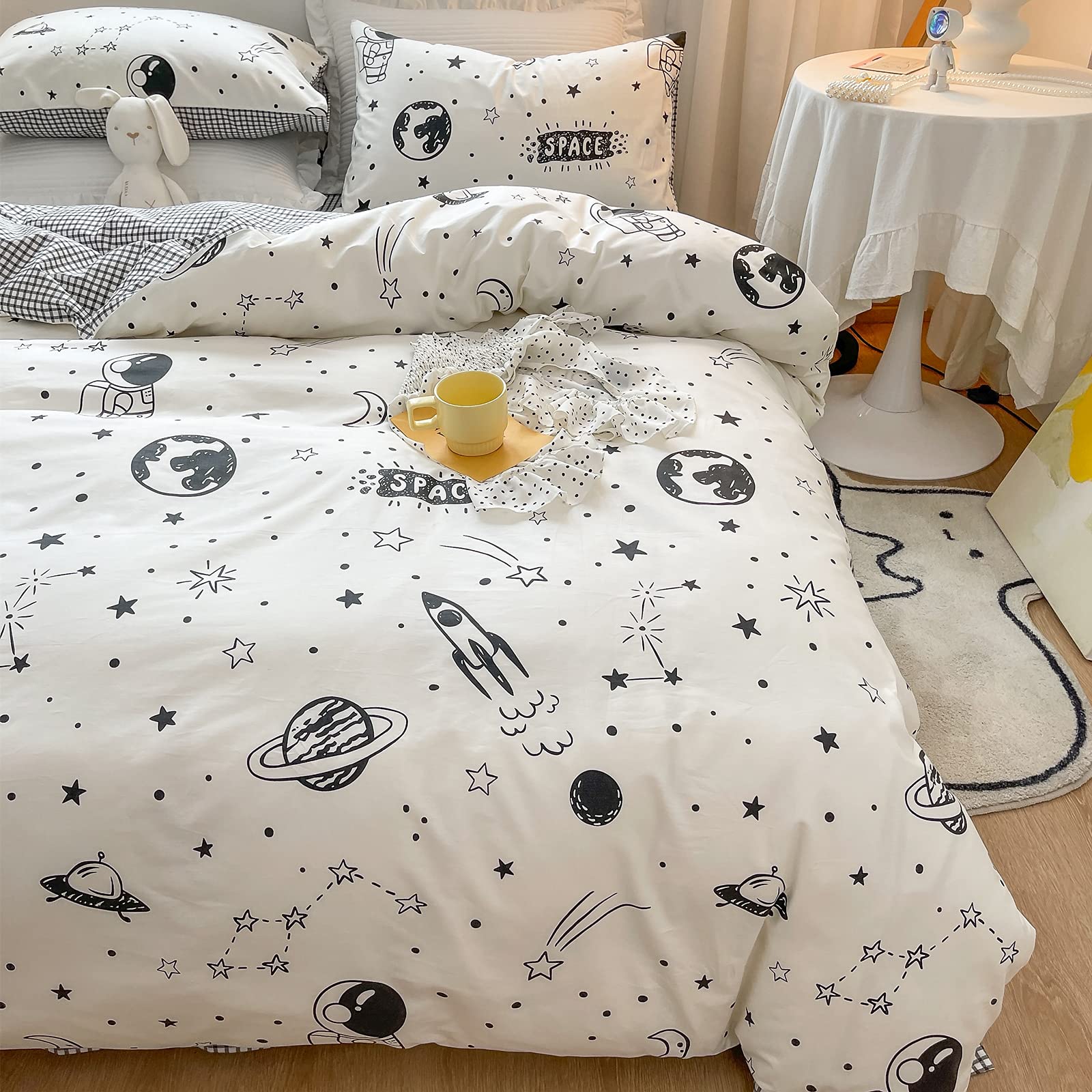 Liwhenhao Space Duvet Cover Set 100% Cotton Twin Cartoon Rocket Astronaut Universe Planet Constellation Bedding 1 Black And Whit