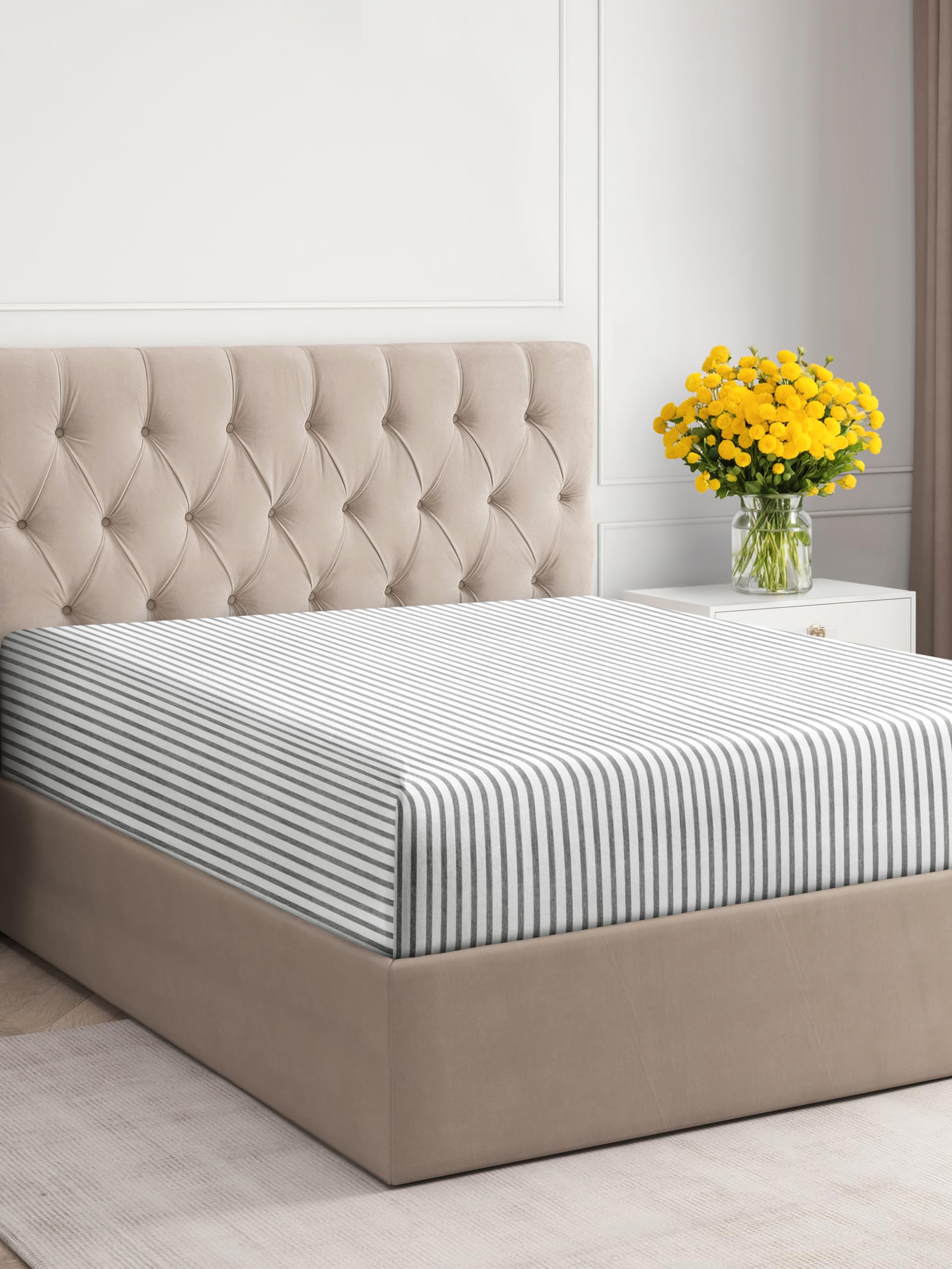 Full Size Fitted Bed Sheet - Hotel Luxury Single Fitted Bottom Sheet Only - Fits Mattress Between 8 To 16 Inches - Deep Pockets, Extra Soft And Wrinkle Free - Comfy Breathable & Cooling - Grey Stripes