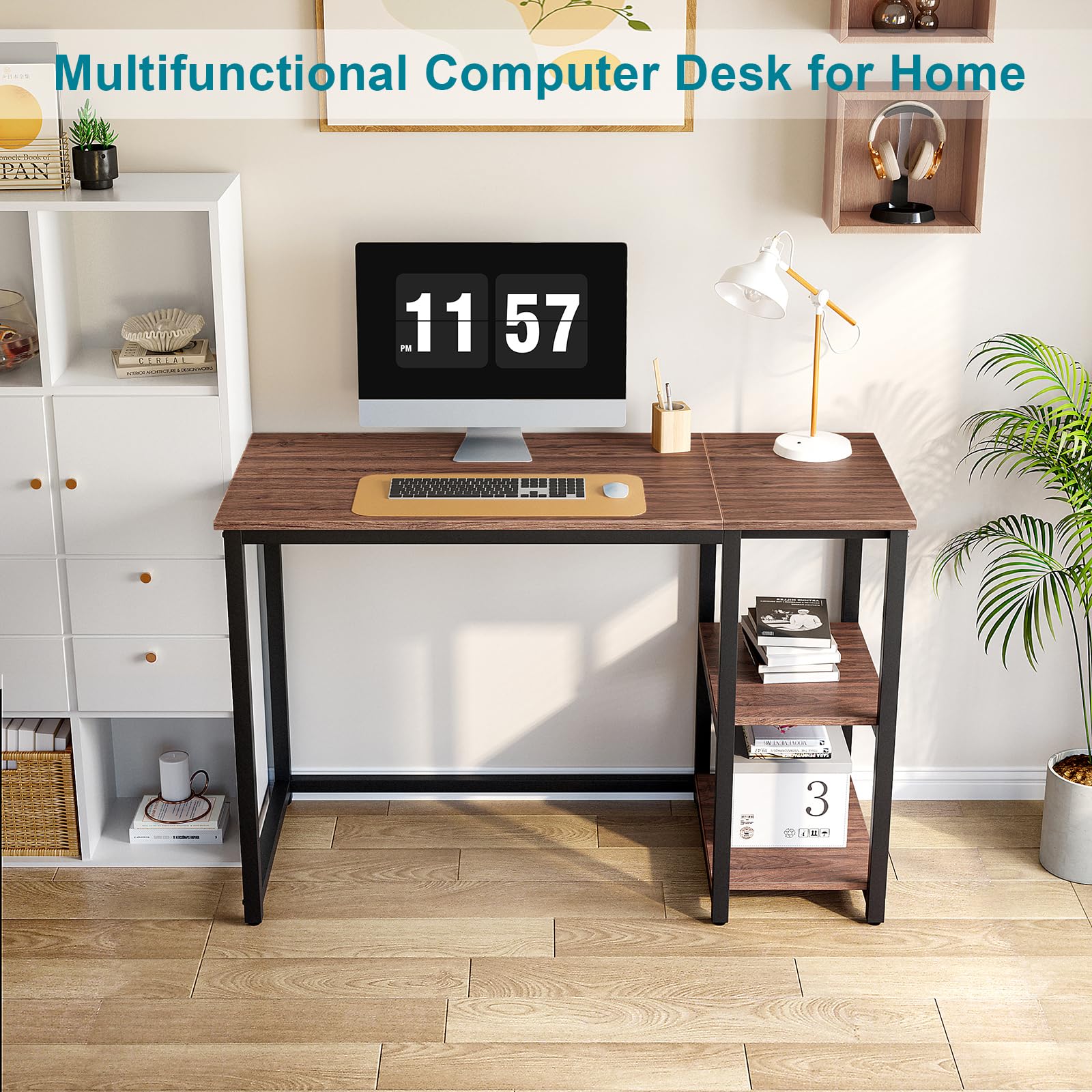 Sinpaid Computer Desk 47 Inches With 2-Tier Shelves Sturdy Home Office Desk With Large Storage Space Modern Gaming Desk Study Writing Laptop Table, Brown