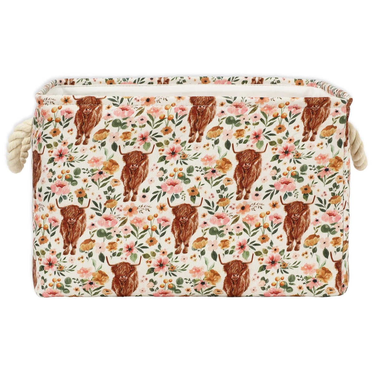 FYSUIMU Floral Highland Cow Rectangle Storage Basket 15 x 10.2 x 9.4 Inch Foldable Open Toy Organizer Bag with Handle Large Laun