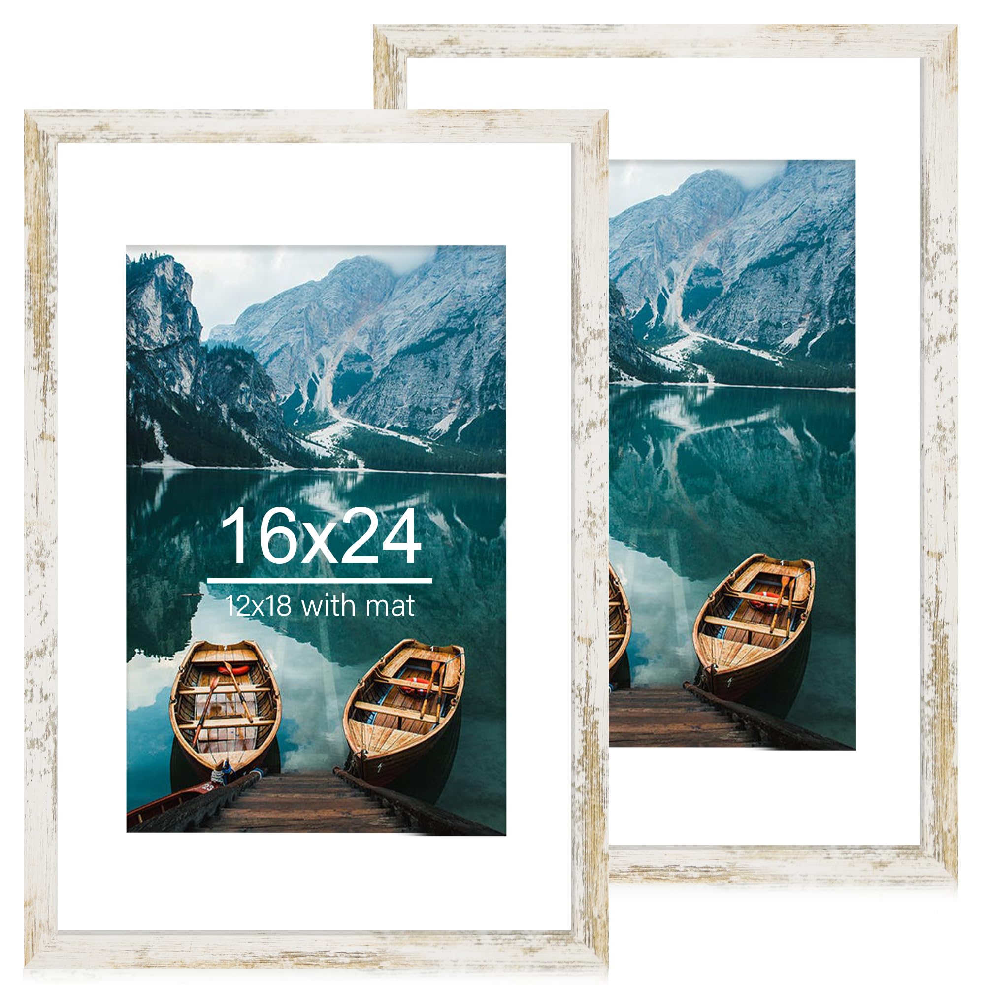 Hongkee 16x24 Frame Set of 2, Distressed White Wood Style - Display 16 x 24 Picture without Mat or 12x18 Picture with Mat, Wall 