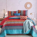 Wongs Bedding Boho Quilt Set Queen Size, Bohemian Red Christmas Stripe 3 Pieces Bedspread Set Lightweight Microfiber All Season