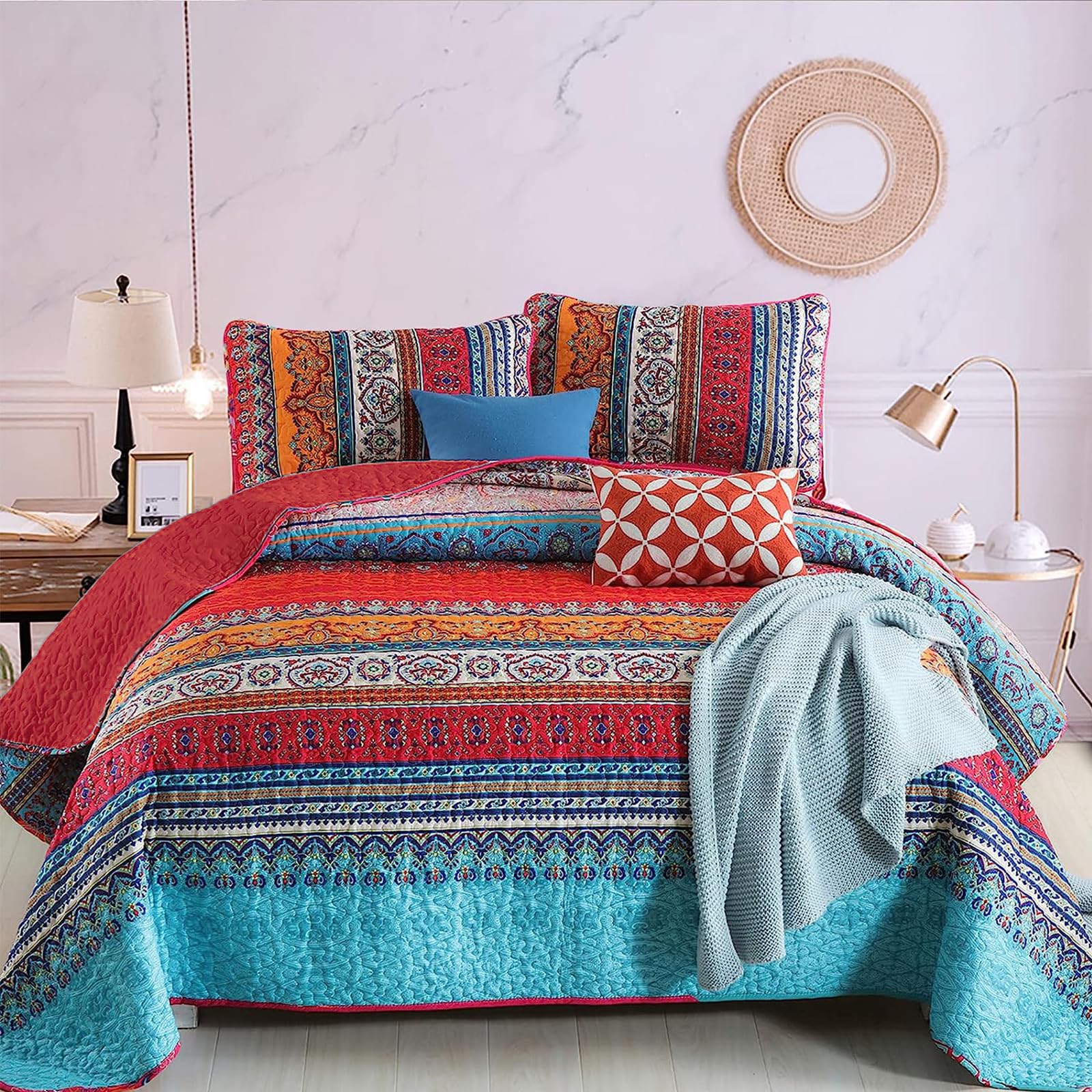 Wongs Bedding Boho Quilt Set Queen Size, Bohemian Red Christmas Stripe 3 Pieces Bedspread Set Lightweight Microfiber All Season