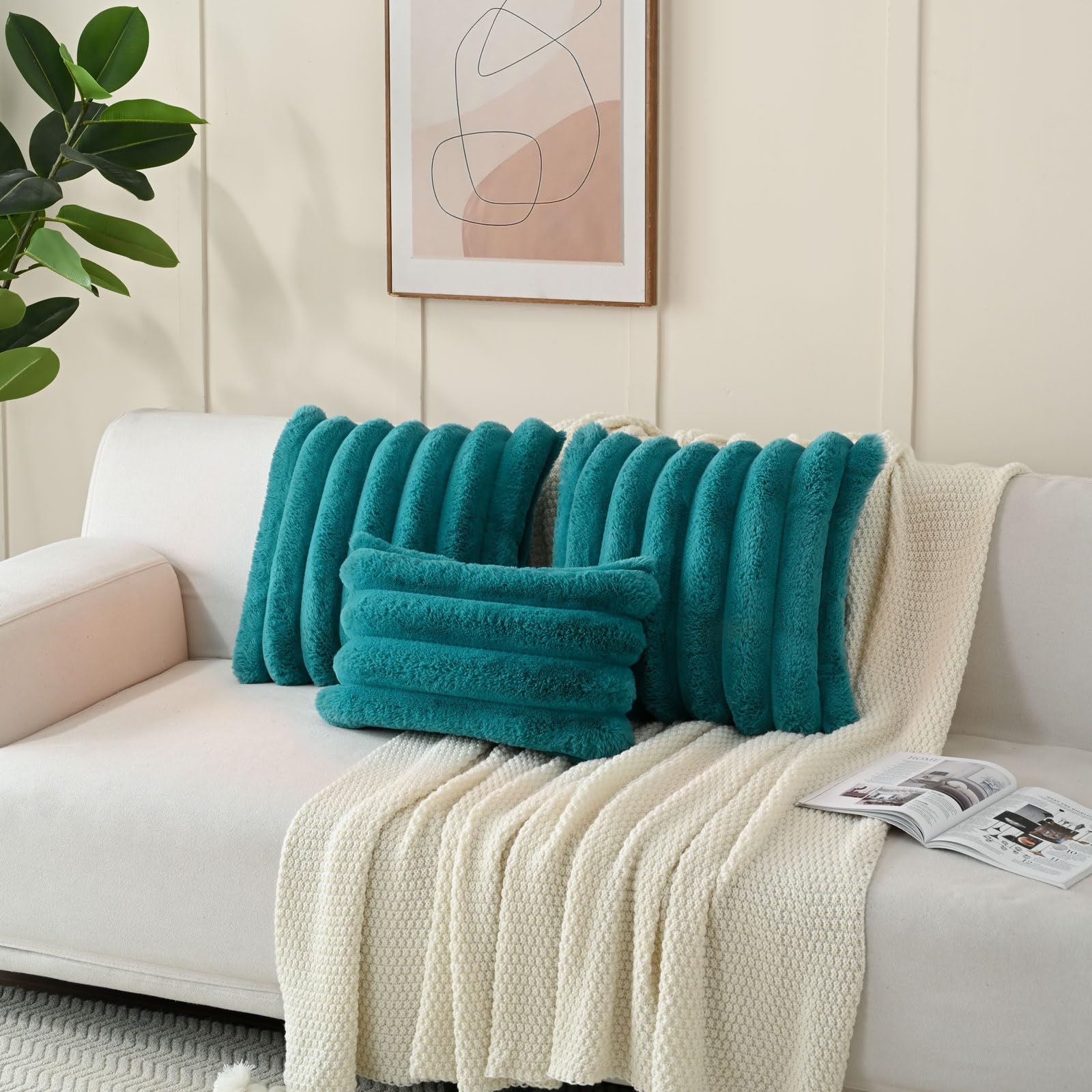 Futei Teal Decorative Throw Pillow Covers 12X20 Inch Set Of 2, Square Soft Faux Rabbit Fur Big Striped Cushion Cover,Home Decor