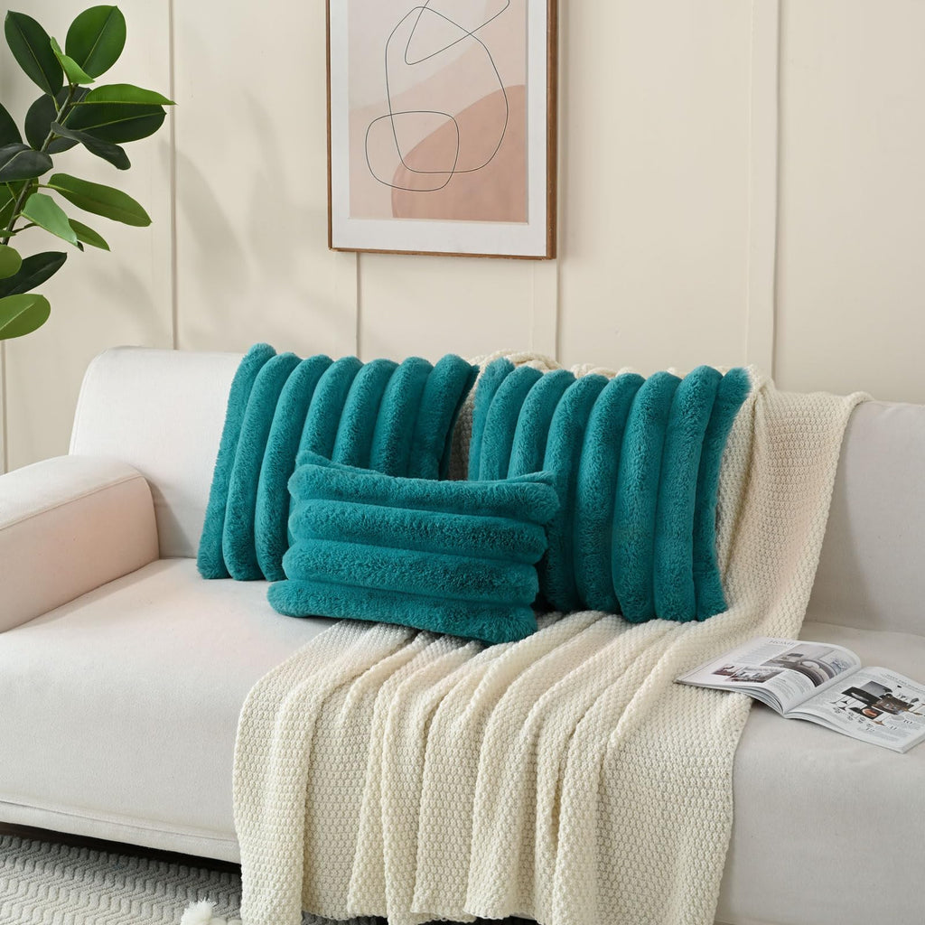 Futei Teal Decorative Throw Pillow Covers 12X20 Inch Set Of 2, Square Soft Faux Rabbit Fur Big Striped Cushion Cover,Home Decor