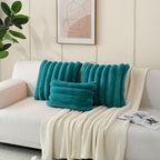 Futei Teal Decorative Throw Pillow Covers 12X20 Inch Set Of 2, Square Soft Faux Rabbit Fur Big Striped Cushion Cover,Home Decor