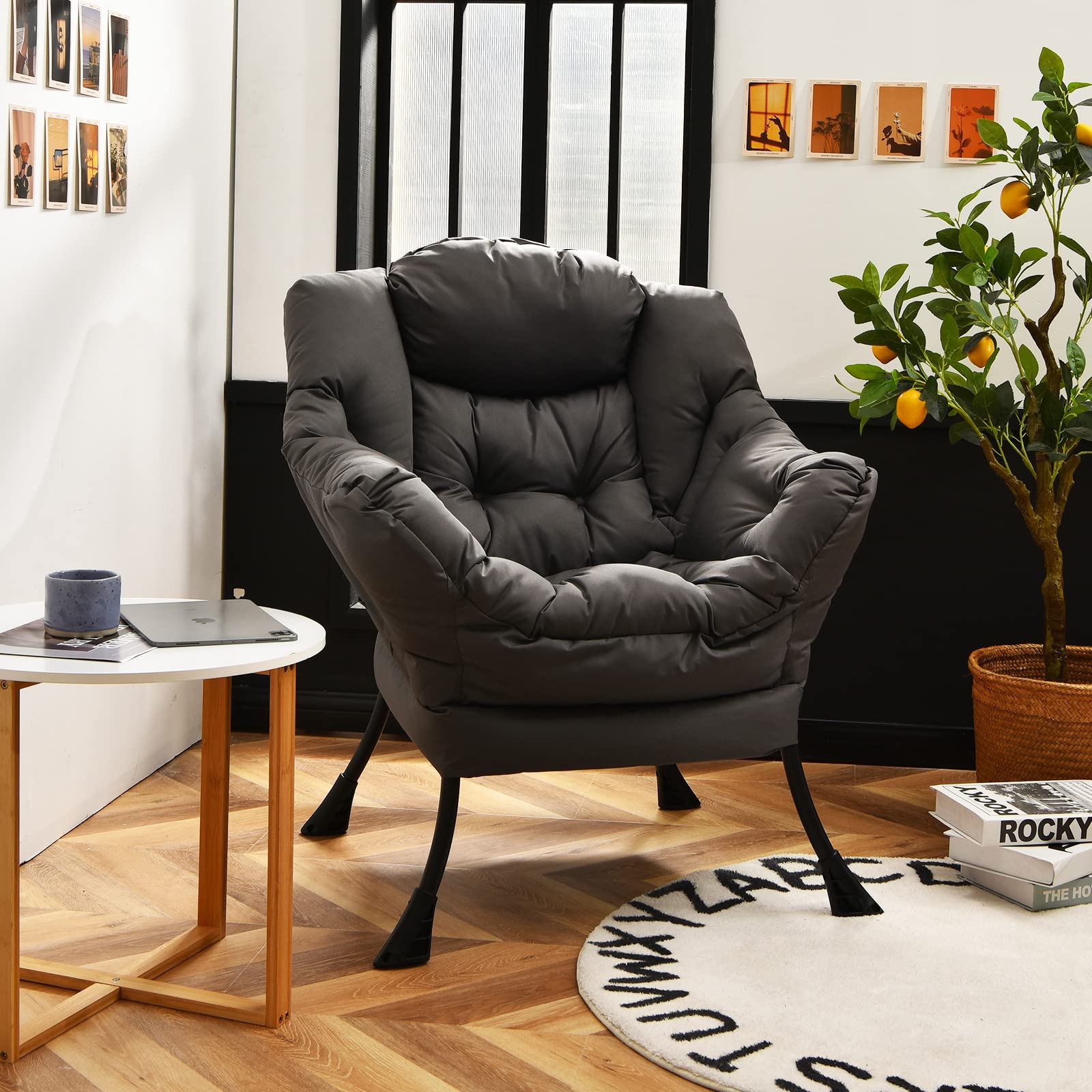 Gorelax Modern Lazy Chair,Upholstered Lounge Accent Chair, Single Leisure Sofa Chair With Armrests & Side Pocket, Comfy Reading Chair For Bedroom, Living Room, Dorm Room (Grey)