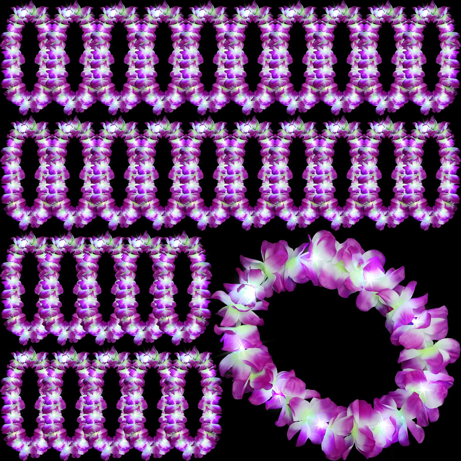 Sherr 24 Pcs LED Leis Light Up Wedding Hawaiian Leis Flower Necklace Hawaiian Leis with LED Lights Beach Tropical Carnival Party