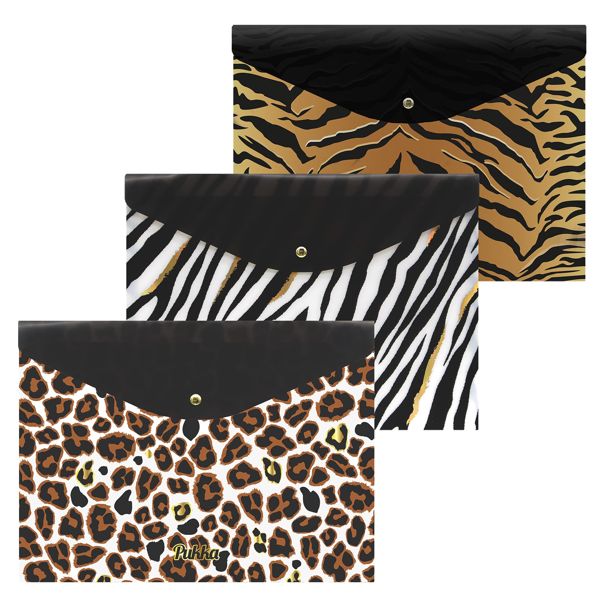 Pukka Pad Wild A4 Stud Wallets - File Storage Folder - 23.5 X 32Cm - Pack Of 3 Assorted Animal Print Designs