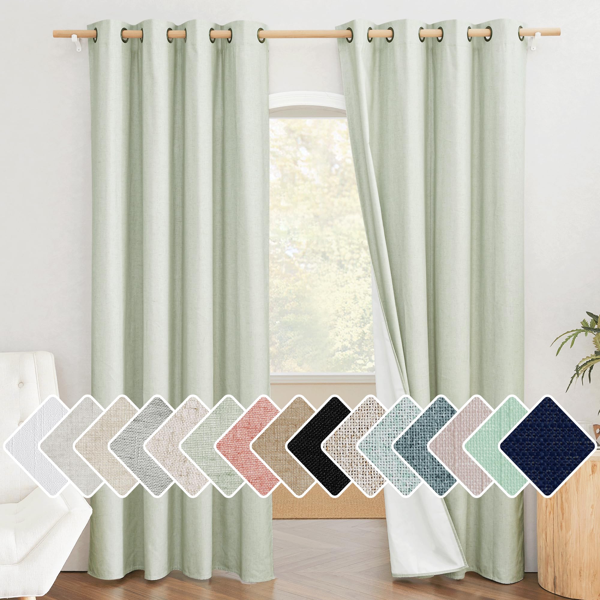 Nicetown Sage Green Living Room Completely Shaded Linen Textured Draperies, 2 Pieces, W52 X L84, Privacy Protection & Noise Reducing Ring Top Drapes, White Lined Insulated Window Treatment Curtains