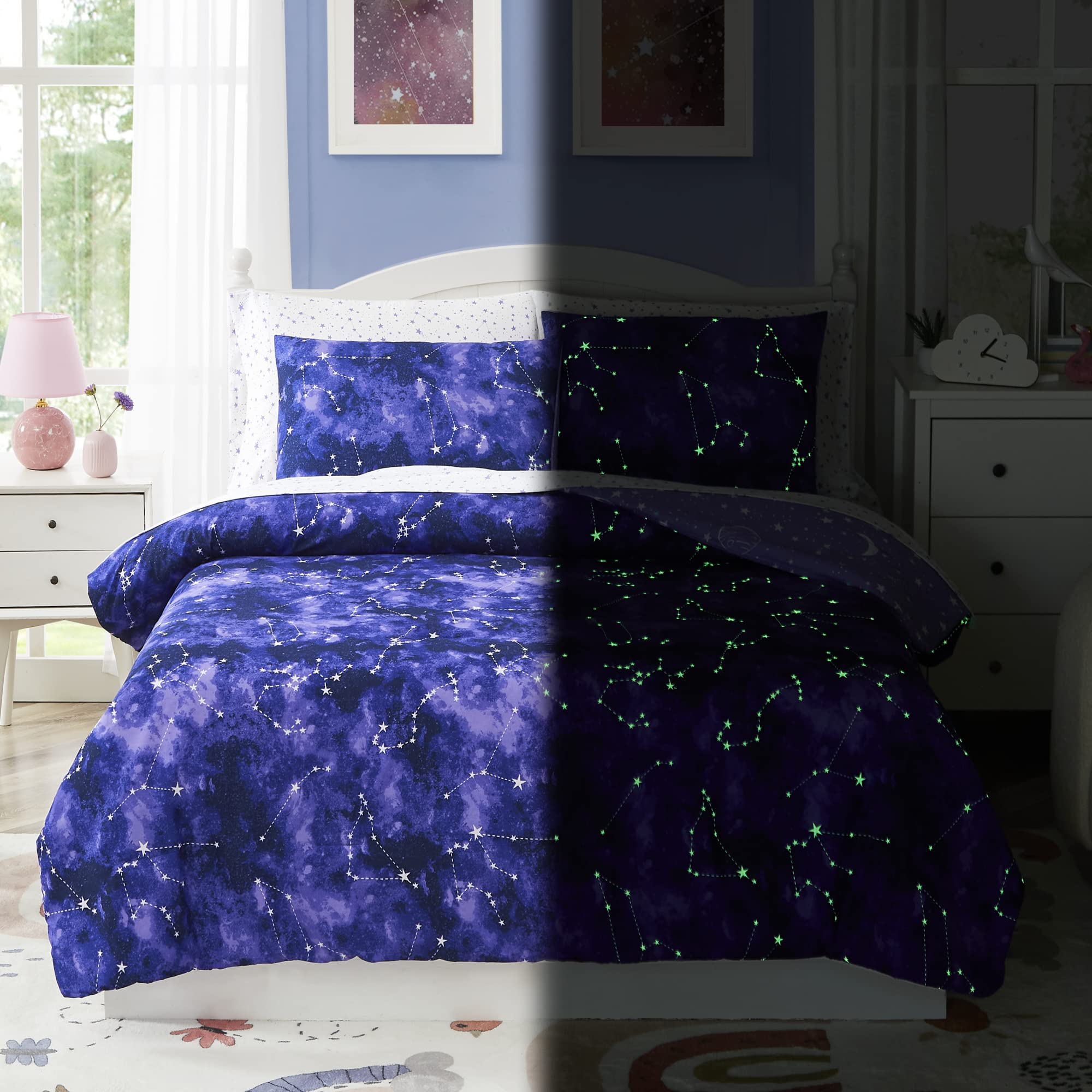 Kaleido Space Comforter Set With Bedding - 5 Pieces Twin Bed In A Bag With Comforter, Sheets, Pillowcase & Sham - Glow In The Da