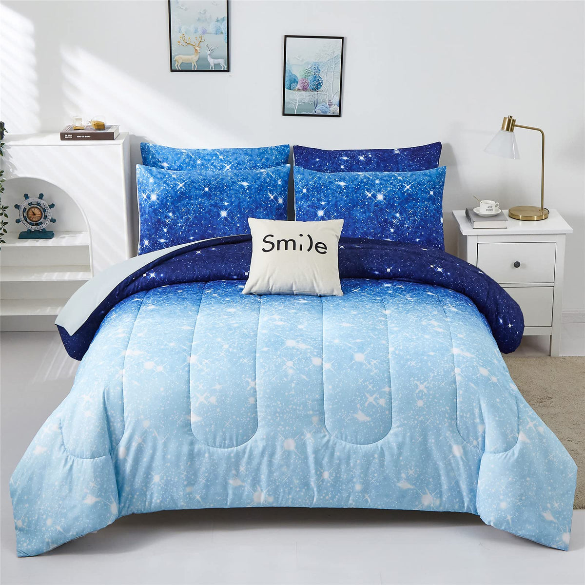 Kiddiku Blue Glitter Comforter Set Full/Queen Size For Boys Girls, Sparkle Galaxy Twinkle Starlight Kids Teen, 3 Piece Aqua Navy