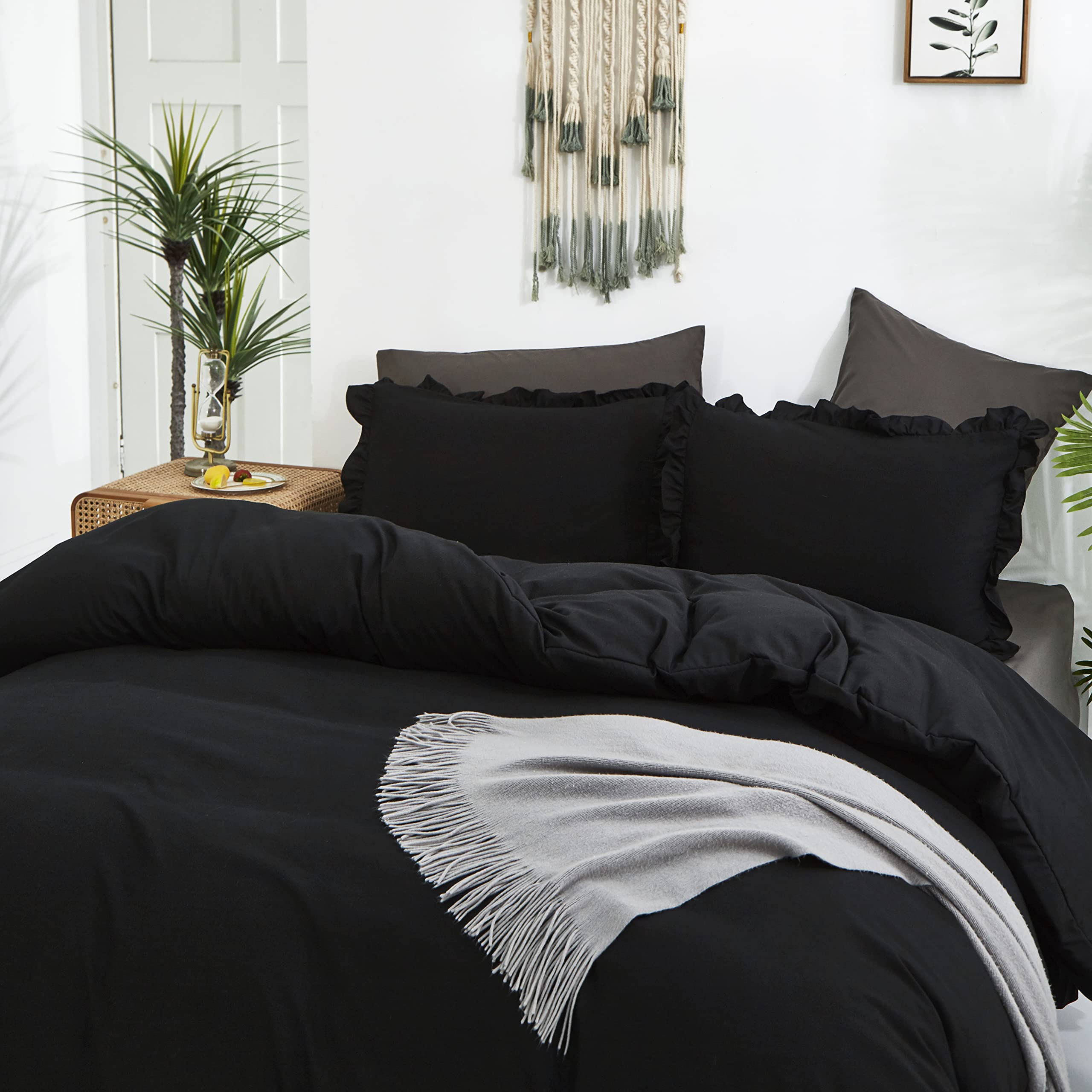 Clothknow Black Comforter Set Full Black Ruffle Bedding Comforter Sets Full Men Boys Women Comforter All Black Bedding Ruffle Comforter Farmhouse Comforter Shabby Chic Bedding