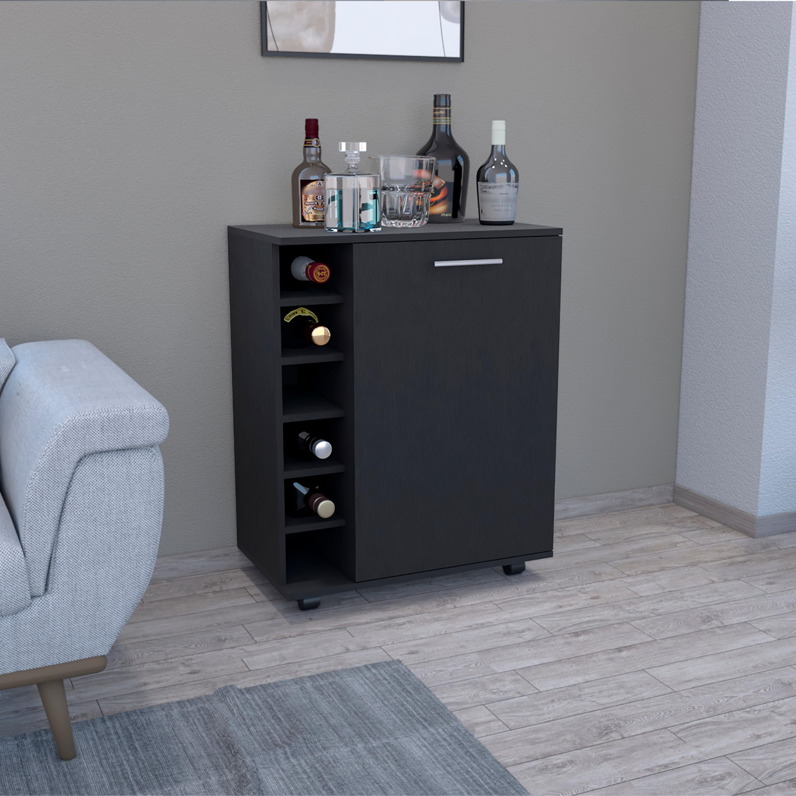 Depot E-Shop Bar -Coffee Cart 32"" H, Kitchen Or Living Room Cabinet Storage With 4 Wheels, With 6 Bottle Racks, A Central Shelf Covered By 1 Door, Ideal For Storing Glasses And Snacks, Black