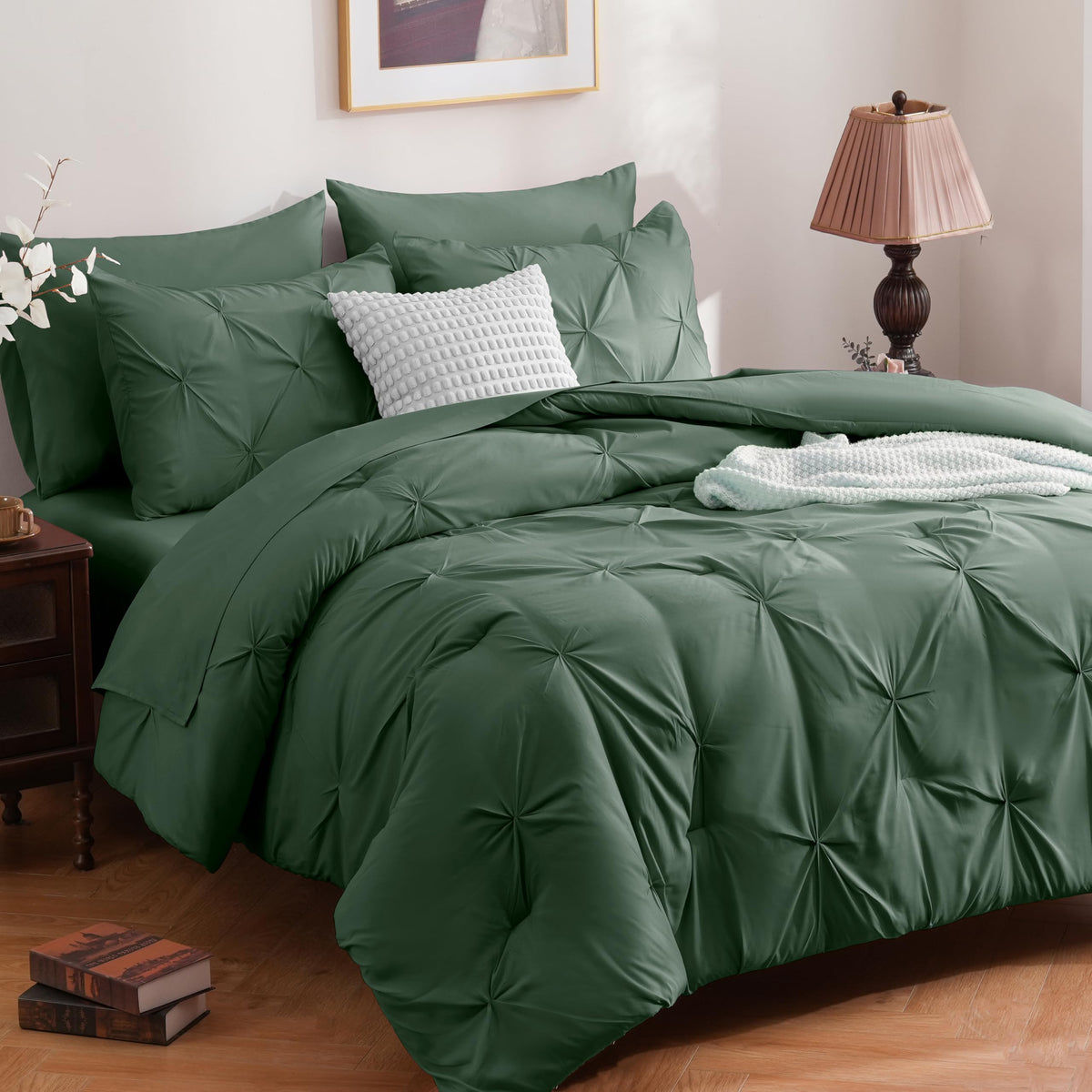 Downcool 7 Pieces Full Size Comforter Sets,Dark Green Pintuck Bed In A Bag, Pinch Pleat Full Size Bed Set, All Season Bedding Se