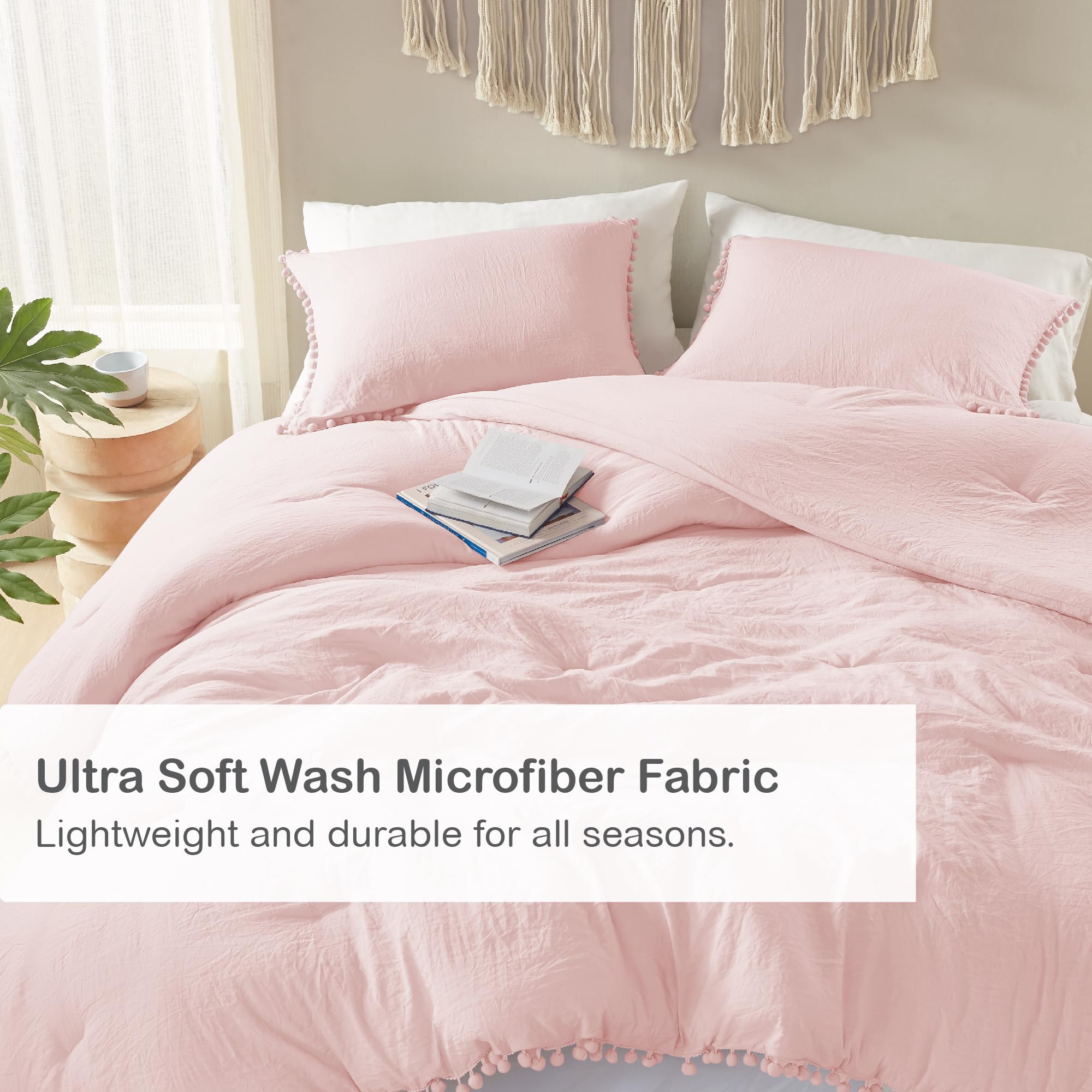 Codi Pink Comforter Set Queen - Boho Aesthetic Pom Fringe Bedding For Teen Girls, Cute Soft Washed Microfiber Blush Bed Sets, Li
