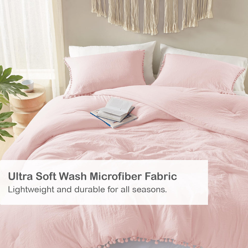 Codi Pink Comforter Set Queen - Boho Aesthetic Pom Fringe Bedding For Teen Girls, Cute Soft Washed Microfiber Blush Bed Sets, Li