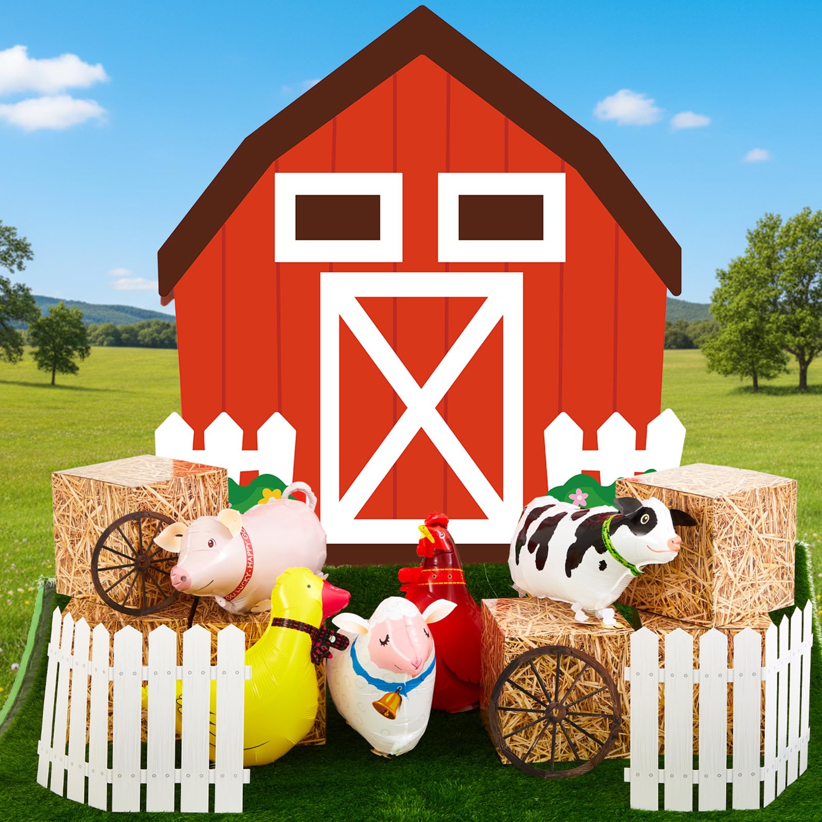 Geelin 16 Pcs Farm Animal Theme Party Decors Trunk or Treat Farm Theme Barnyard Kit Halloween Archway Garage Decor Wagon Wheel G