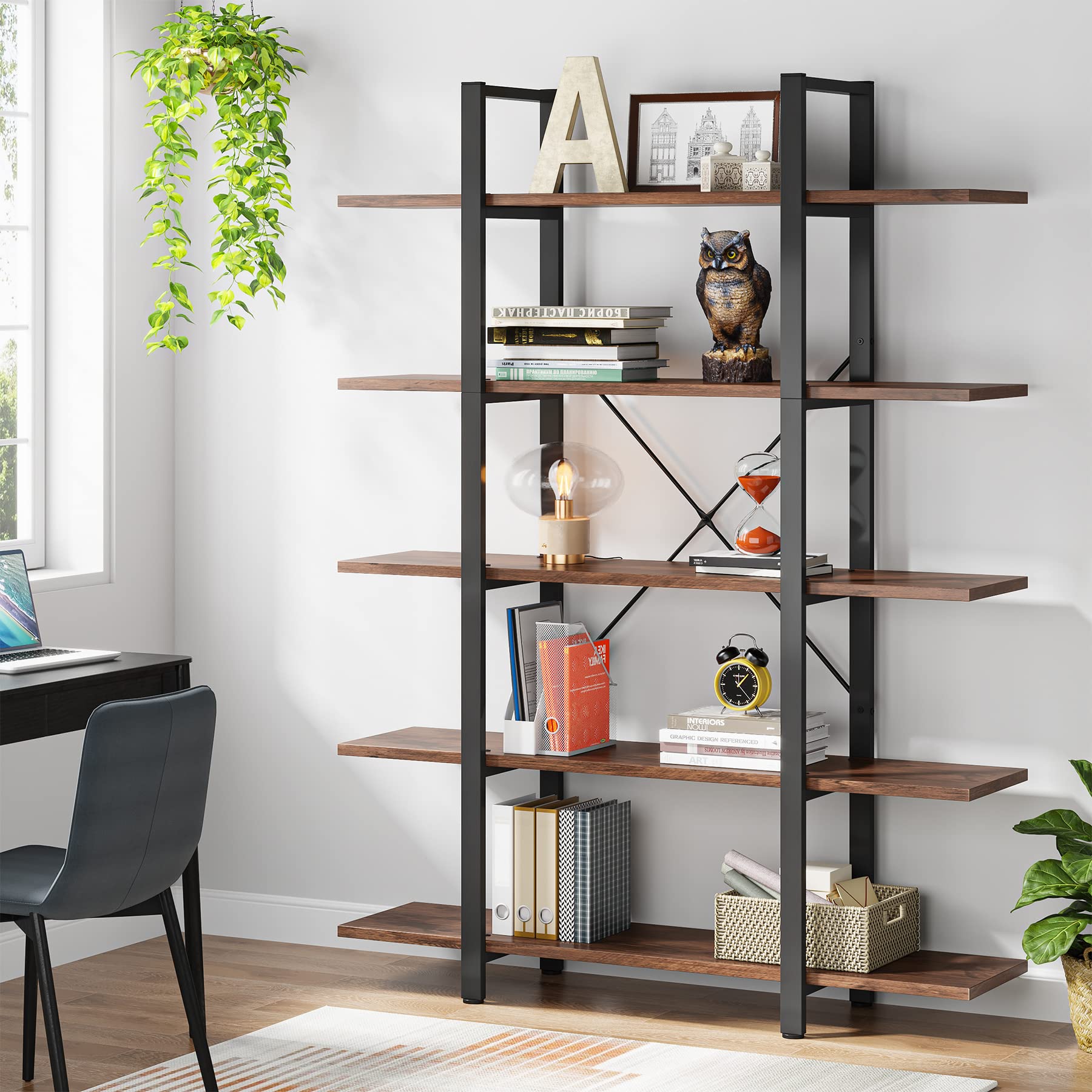 Tribesigns 5-Tier Bookshelf, Vintage Industrial Style Bookcase 72 H X 12 W X 47L Inches