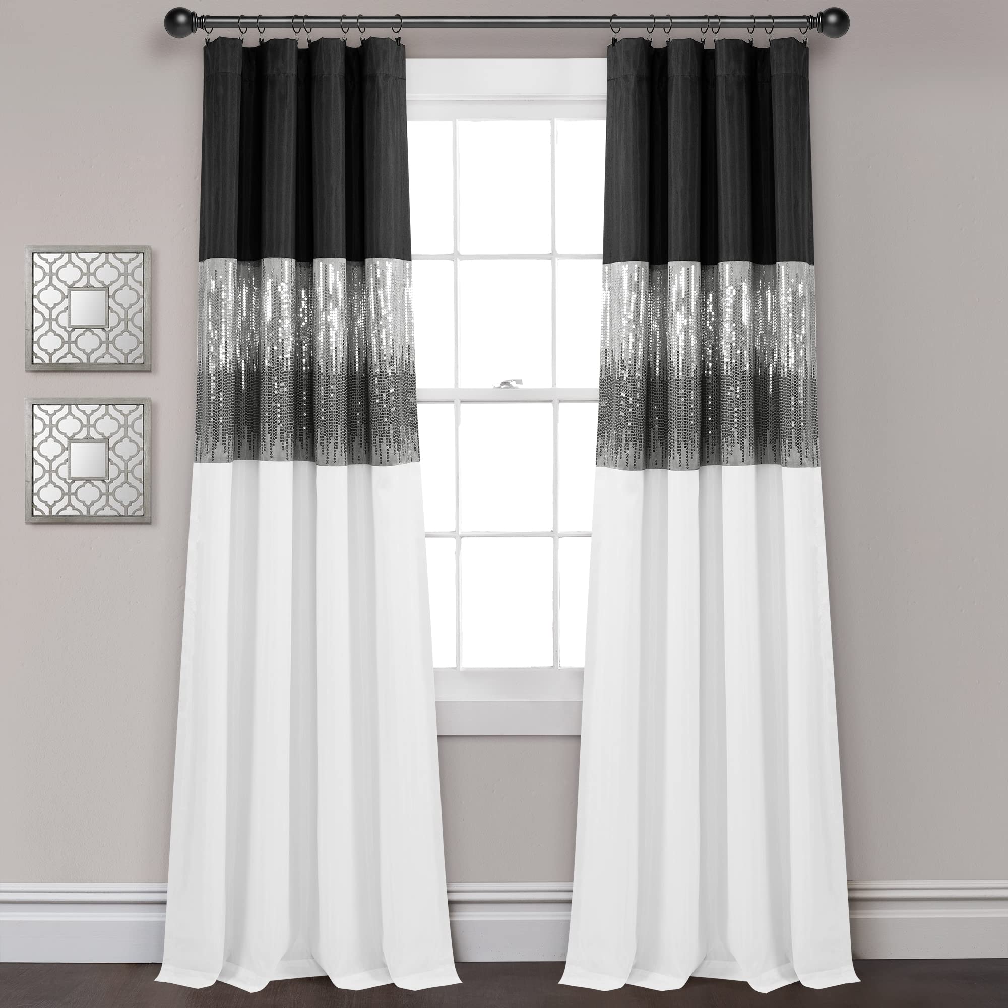 Lush Decor Night Sky 100% Blackout Lined Window Curtain Panel, Single, 42 W x 84 L, Black & White - Sparkle Sequins & Color Bloc