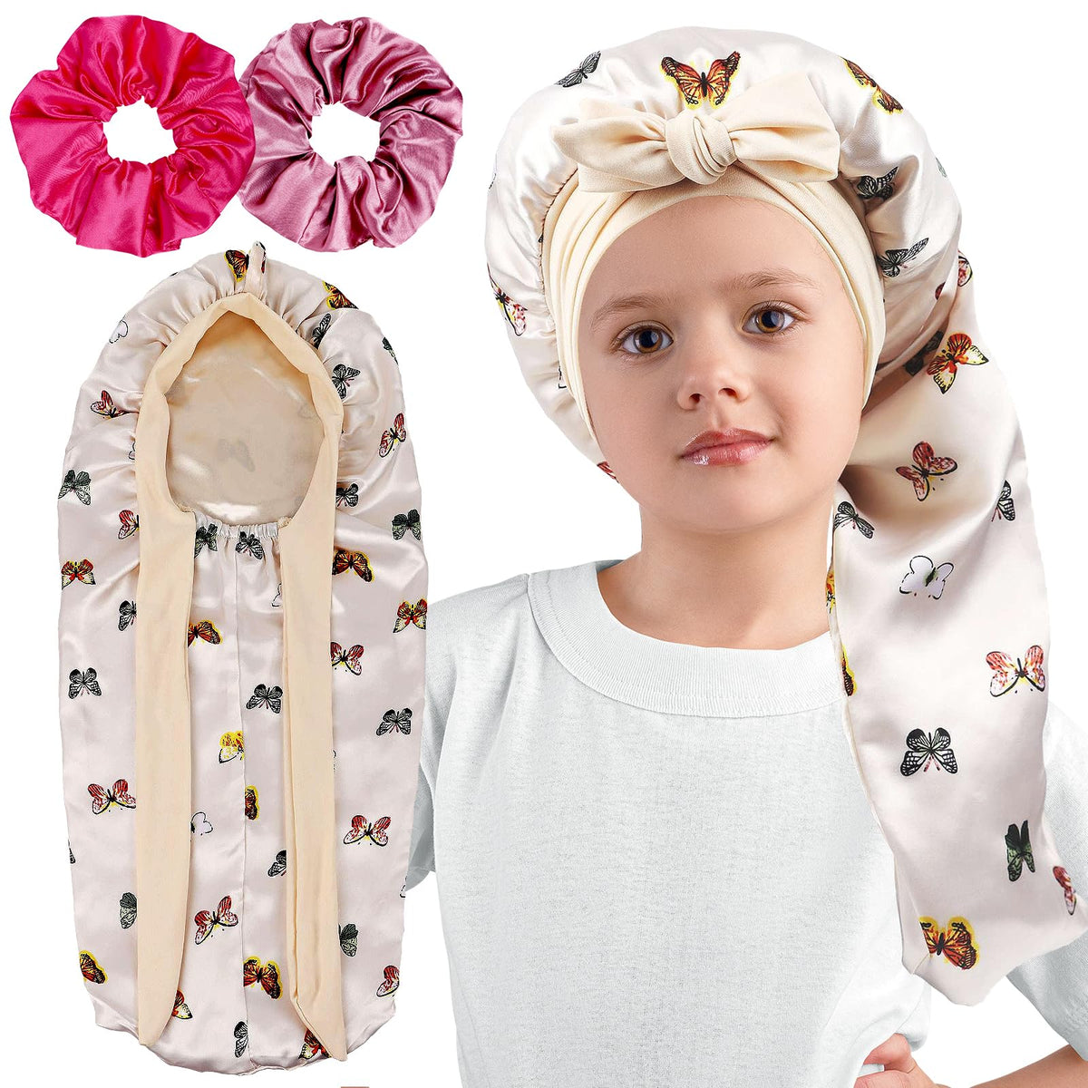 Long Kids Bonnets for Girls,Double Layer Satin Bonnet for Sleeping Kids,Bonnet for Kids Braids Long Hair