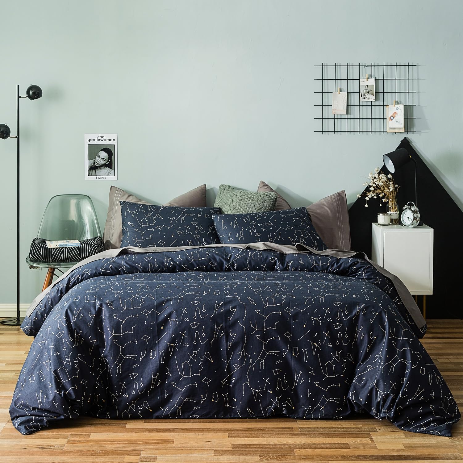 Yuheguoji Blue Celestial Duvet Cover King 100% Cotton Cute Constellation Duvet Cover 3 Pcs Set 1 White Stars Galaxy Duvet Cover