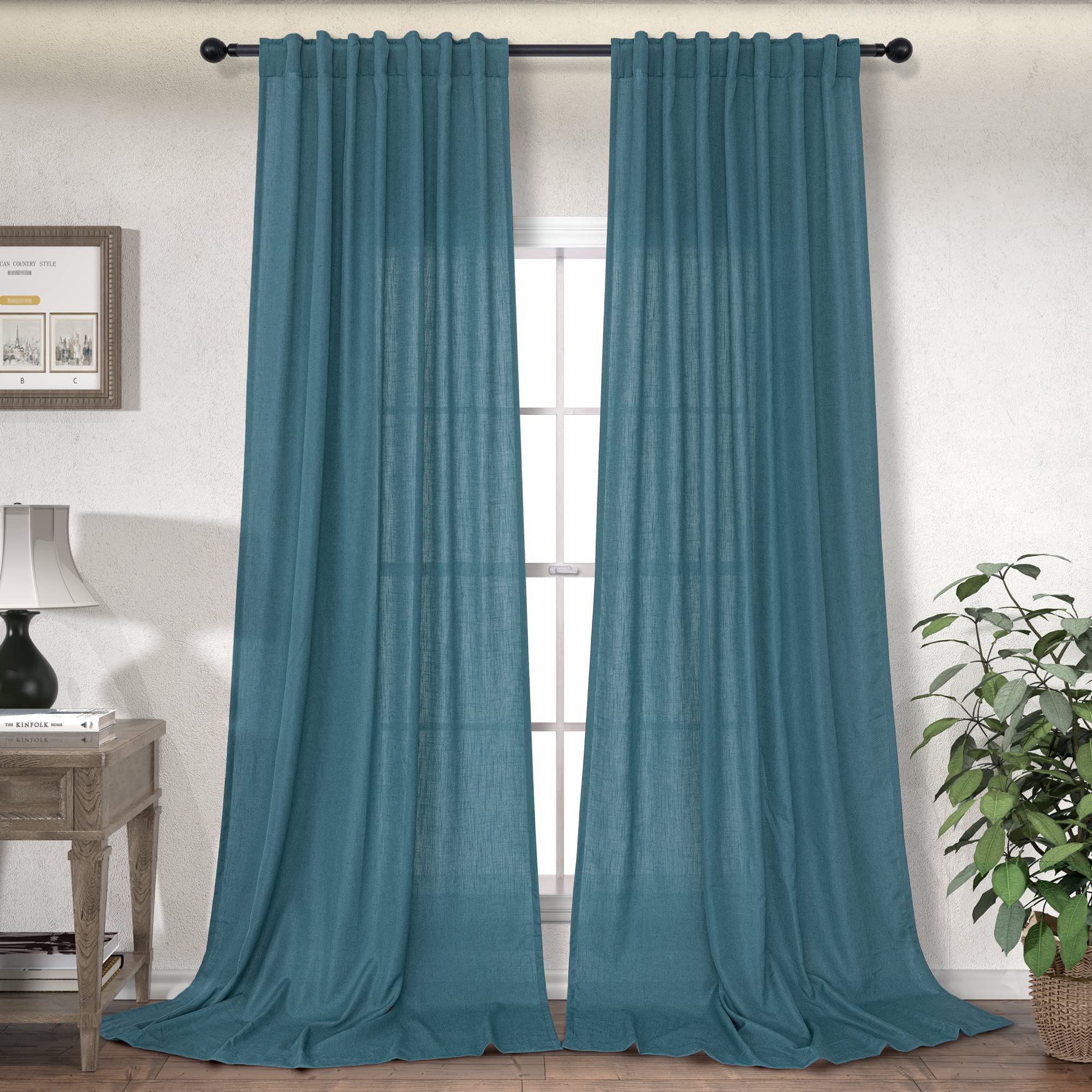 Dark Teal Curtains 90 Inches Long For Living Room 2 Panel Back Tab Pocket Reducing Light Weight Airy Boho Casual Semi Sheer Dura