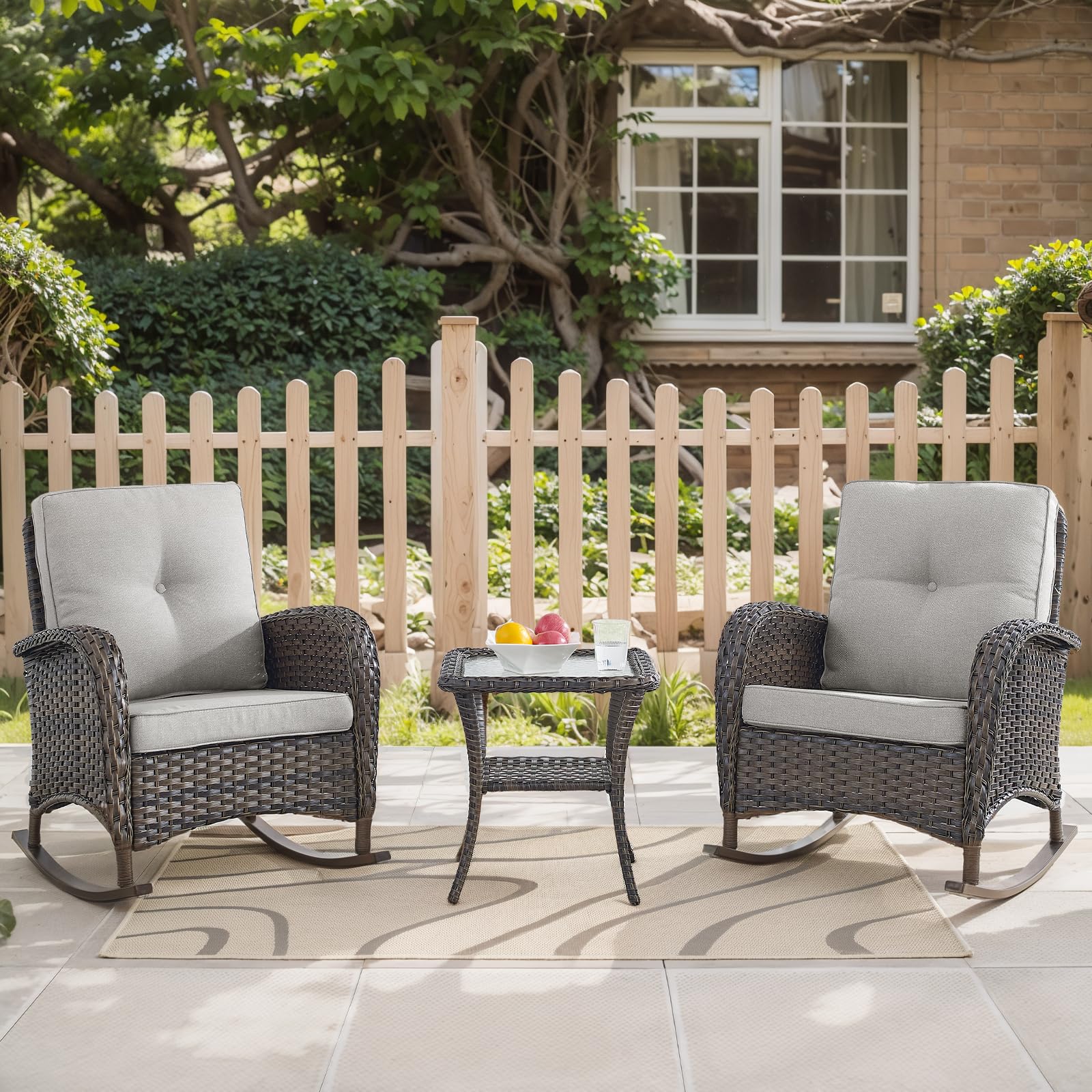 HUMMUH 3-Piece Outdoor Rocking Chairs,All-Weather PE Wicker Patio Rocker Chairs Bistro Set with Side Table,Porch Balcony Furnitu