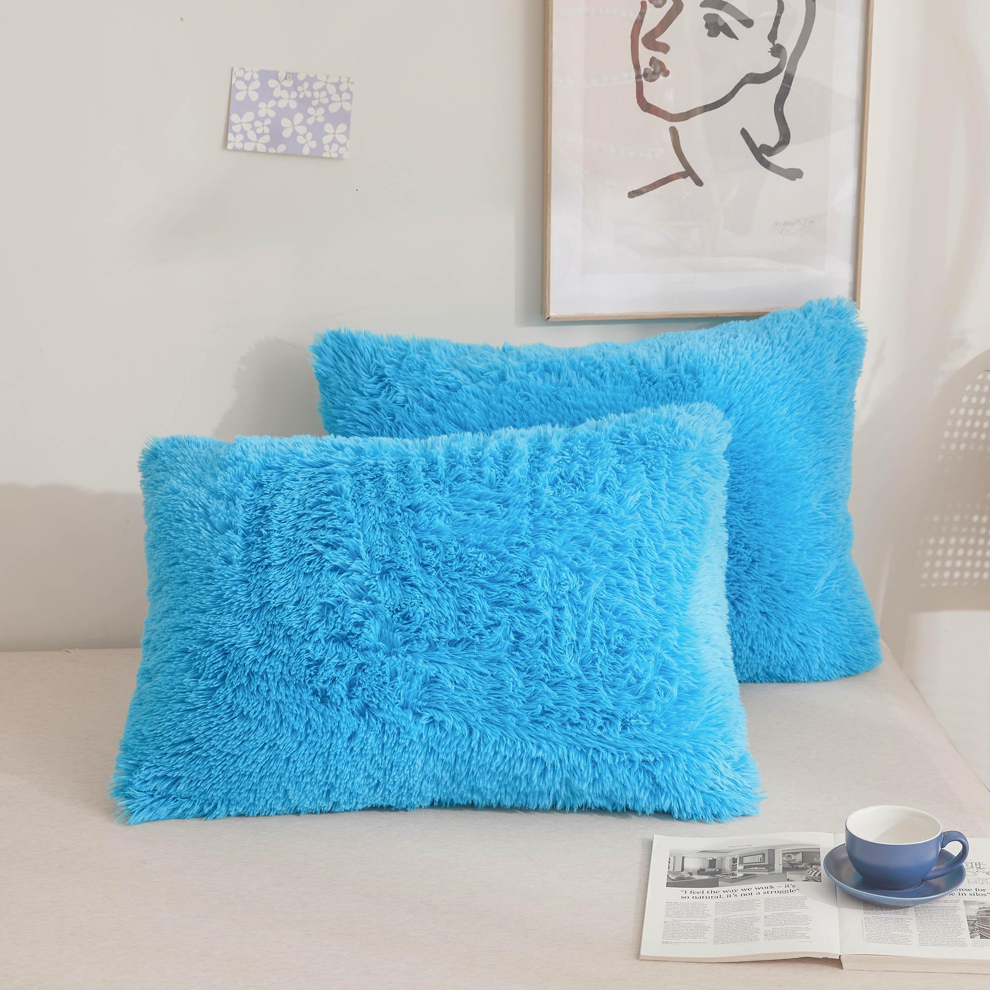 Xege Faux Fur Fluffy Pillow Cases, Soft Plush Shaggy Furry Blue Pillowcases, Velvet Fuzzy Decorative Throw Pillow Covers For Bed